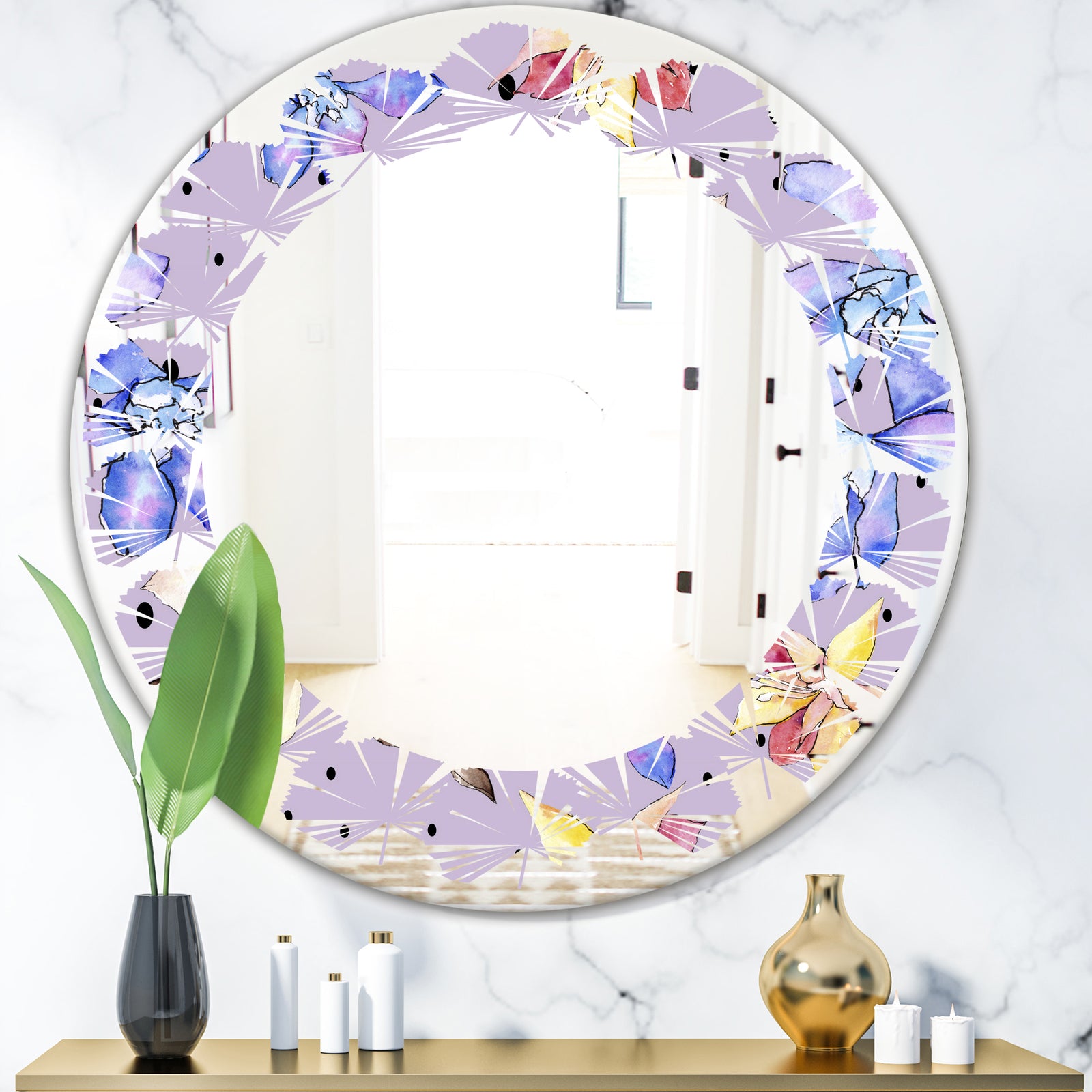 Floral Botanical Retro V - Modern Round or Oval Wall Mirror - Leaves