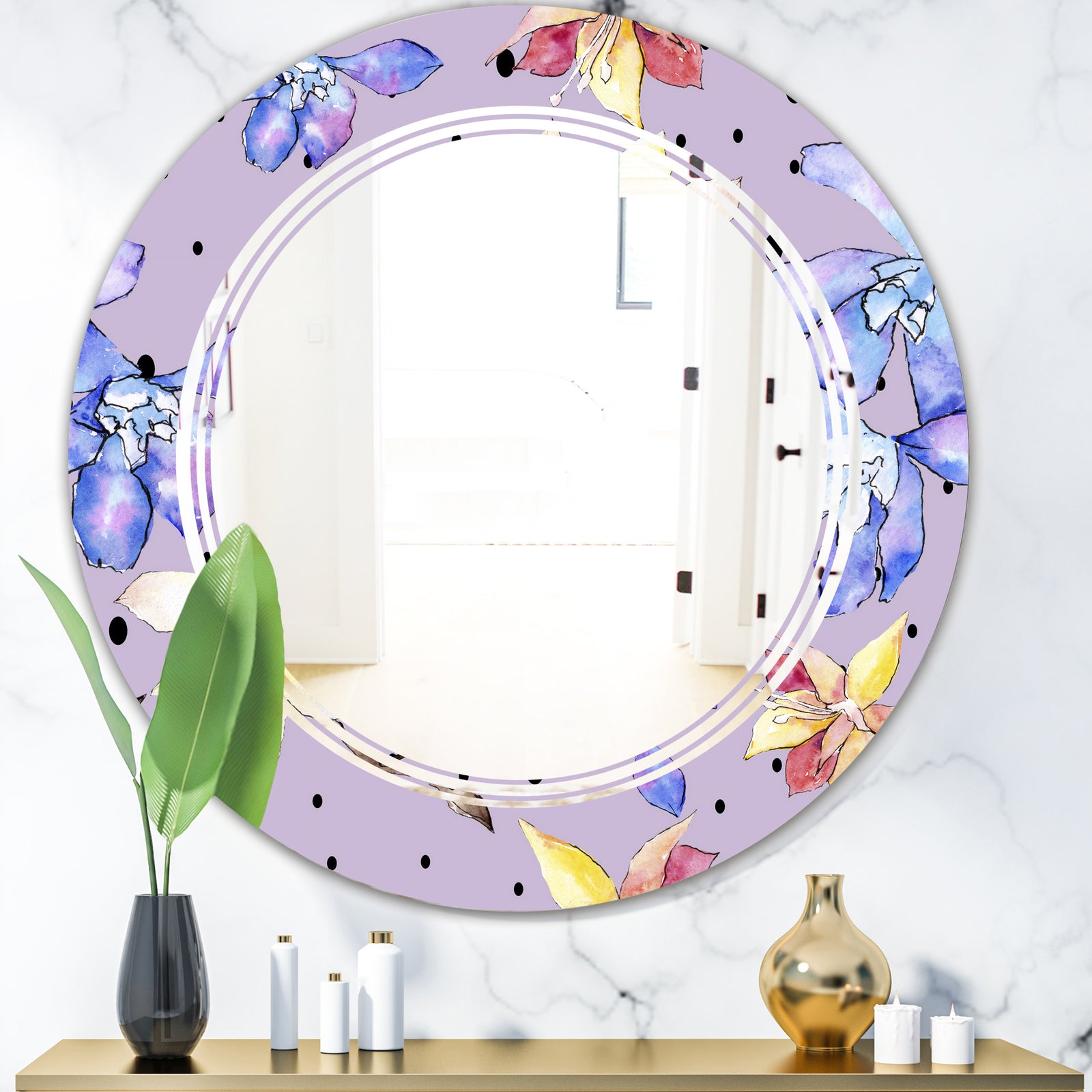 Floral Botanical Retro V - Modern Round or Oval Wall Mirror - Triple C