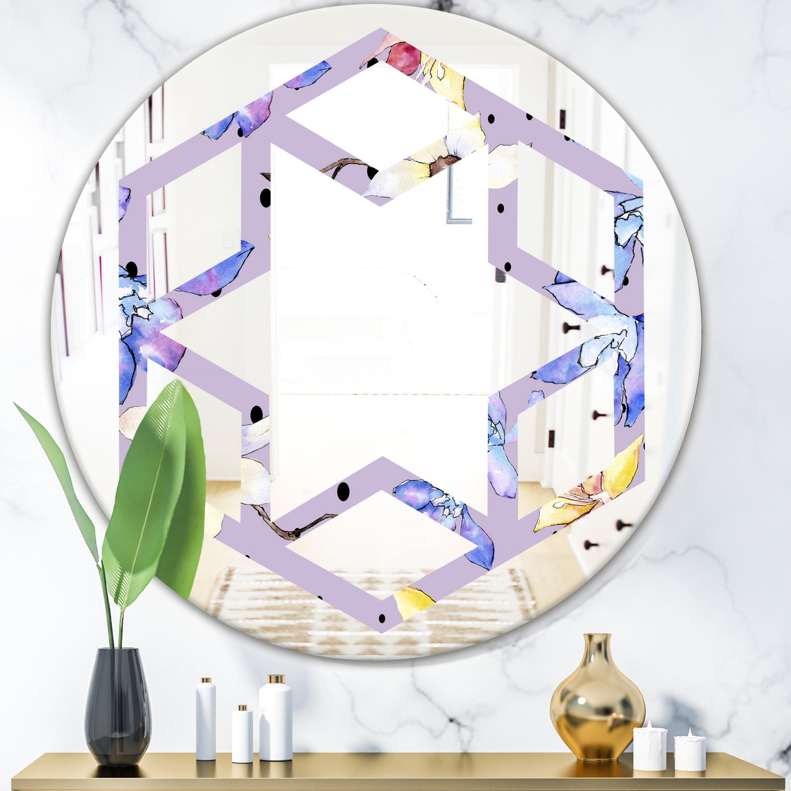 Floral Botanical Retro V - Modern Round or Oval Wall Mirror - Hexagon Star