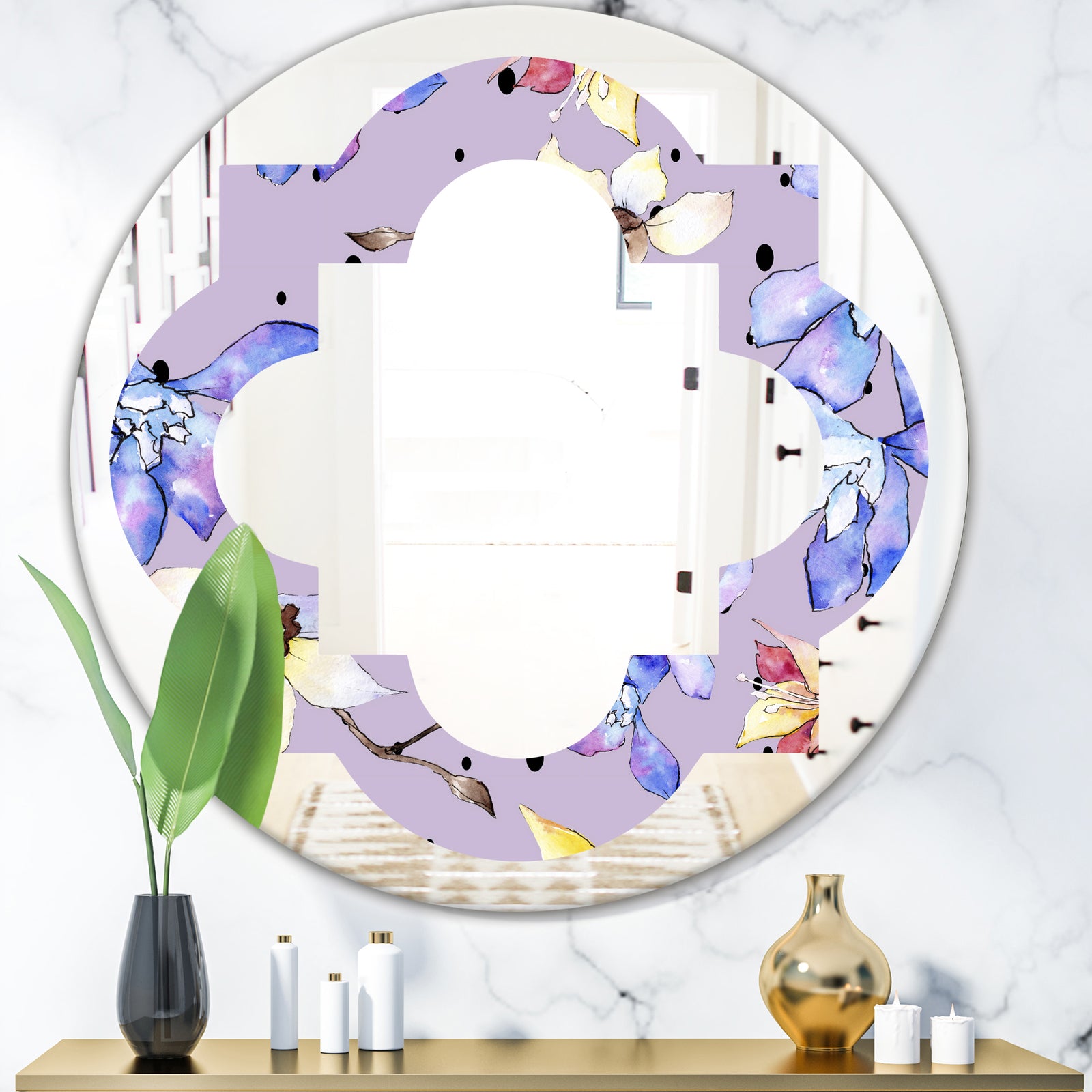 Floral Botanical Retro V - Modern Round or Oval Wall Mirror - Quatrefoil