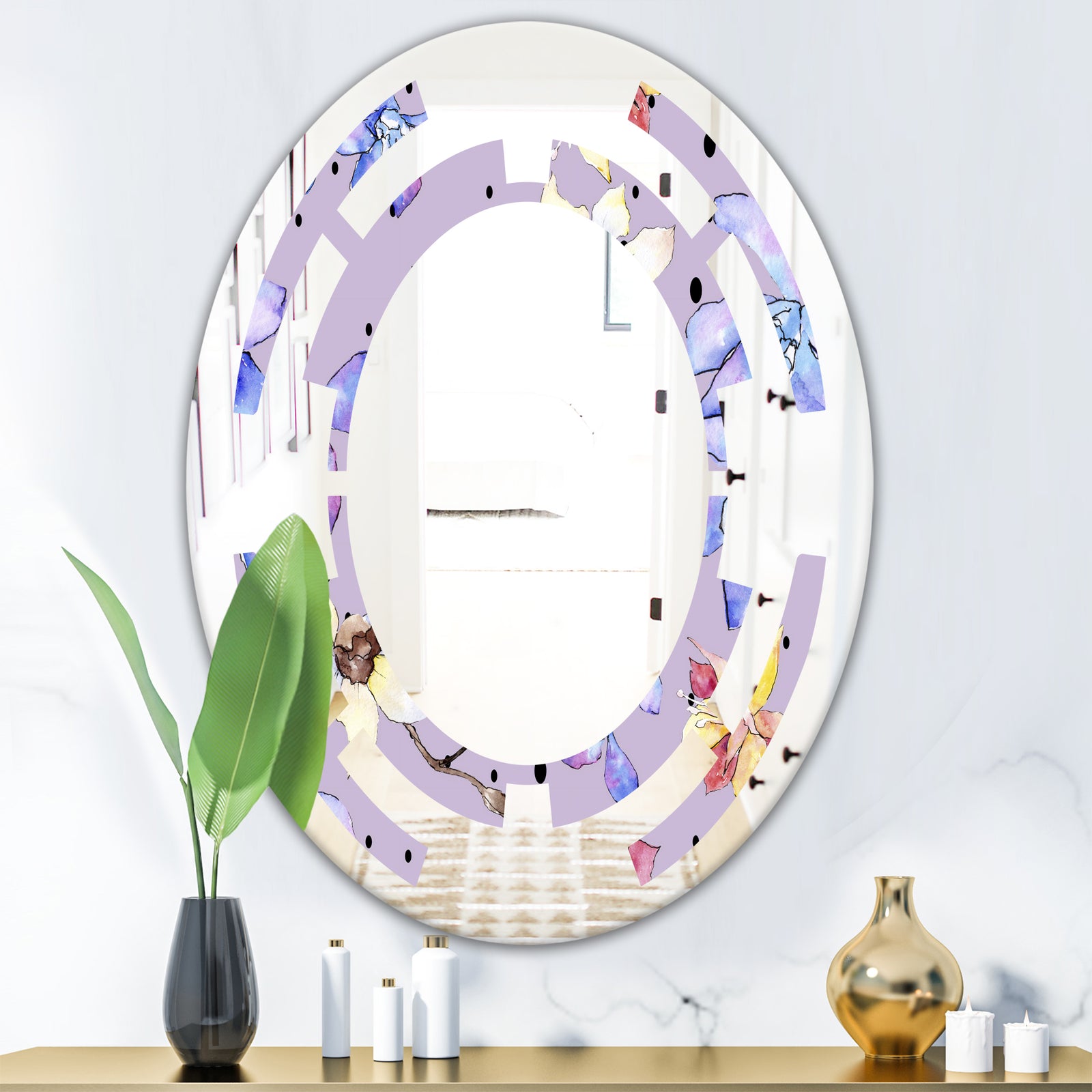 Floral Botanical Retro V - Modern Round or Oval Wall Mirror - Space