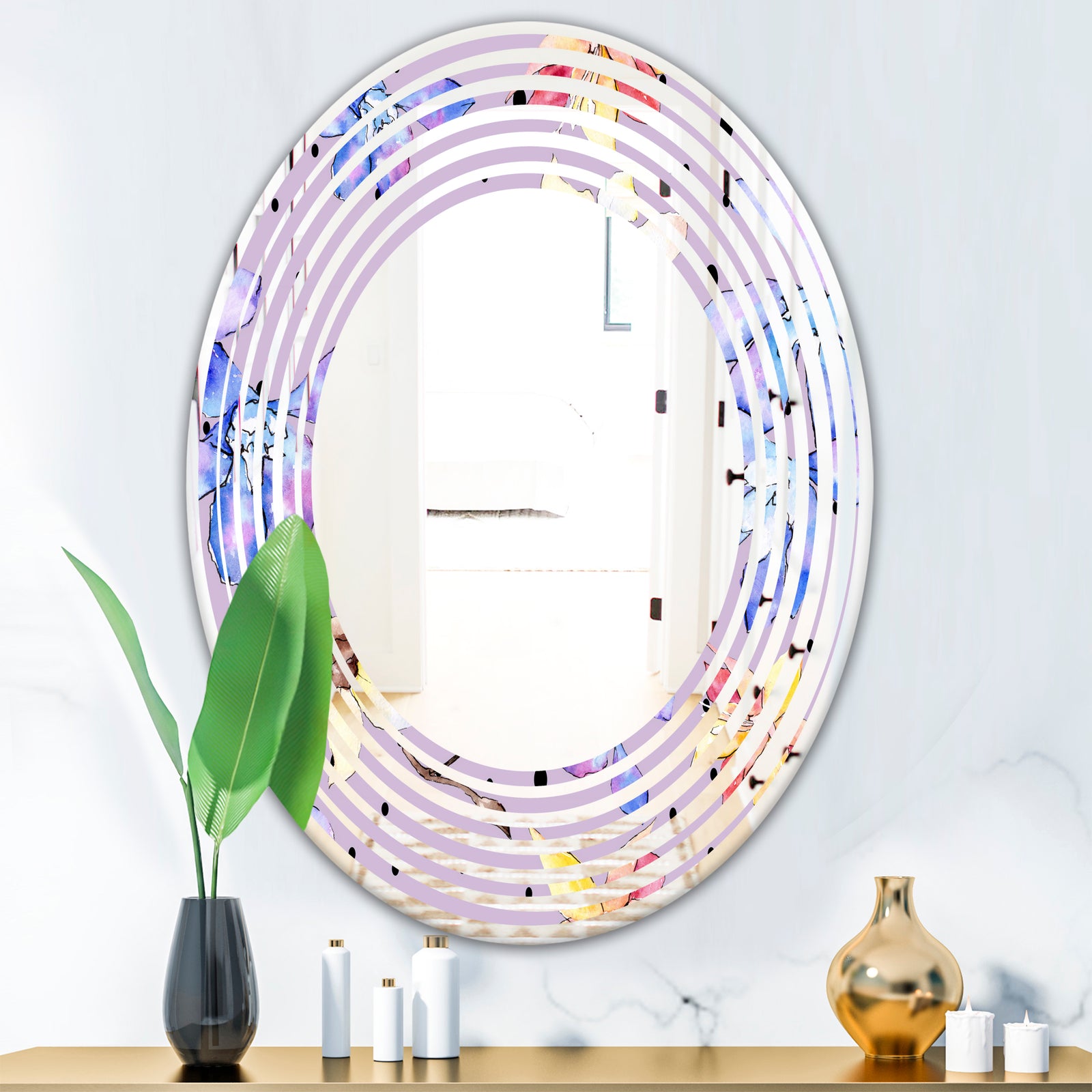 Floral Botanical Retro V - Modern Round or Oval Wall Mirror - Wave