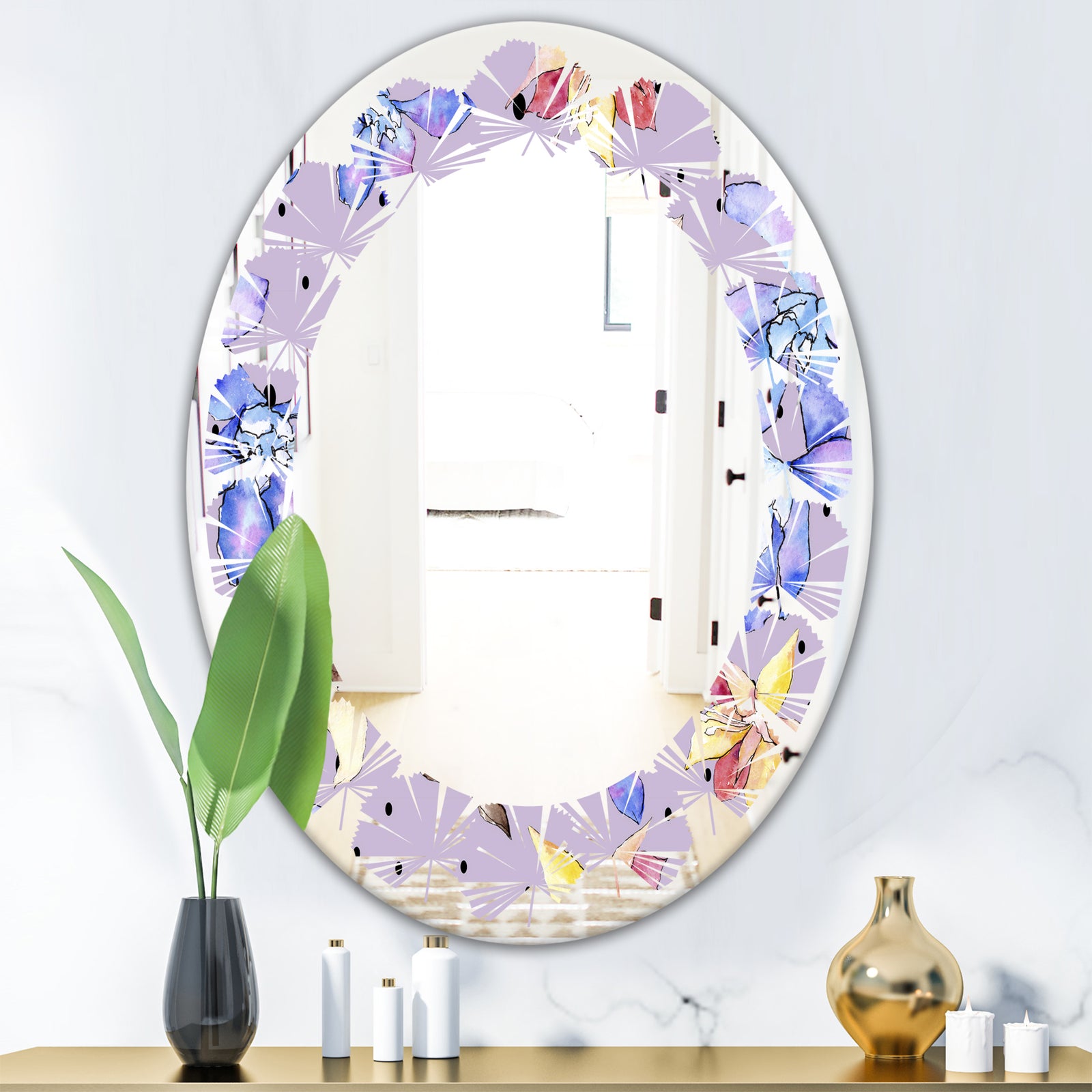 Floral Botanical Retro V - Modern Round or Oval Wall Mirror - Leaves