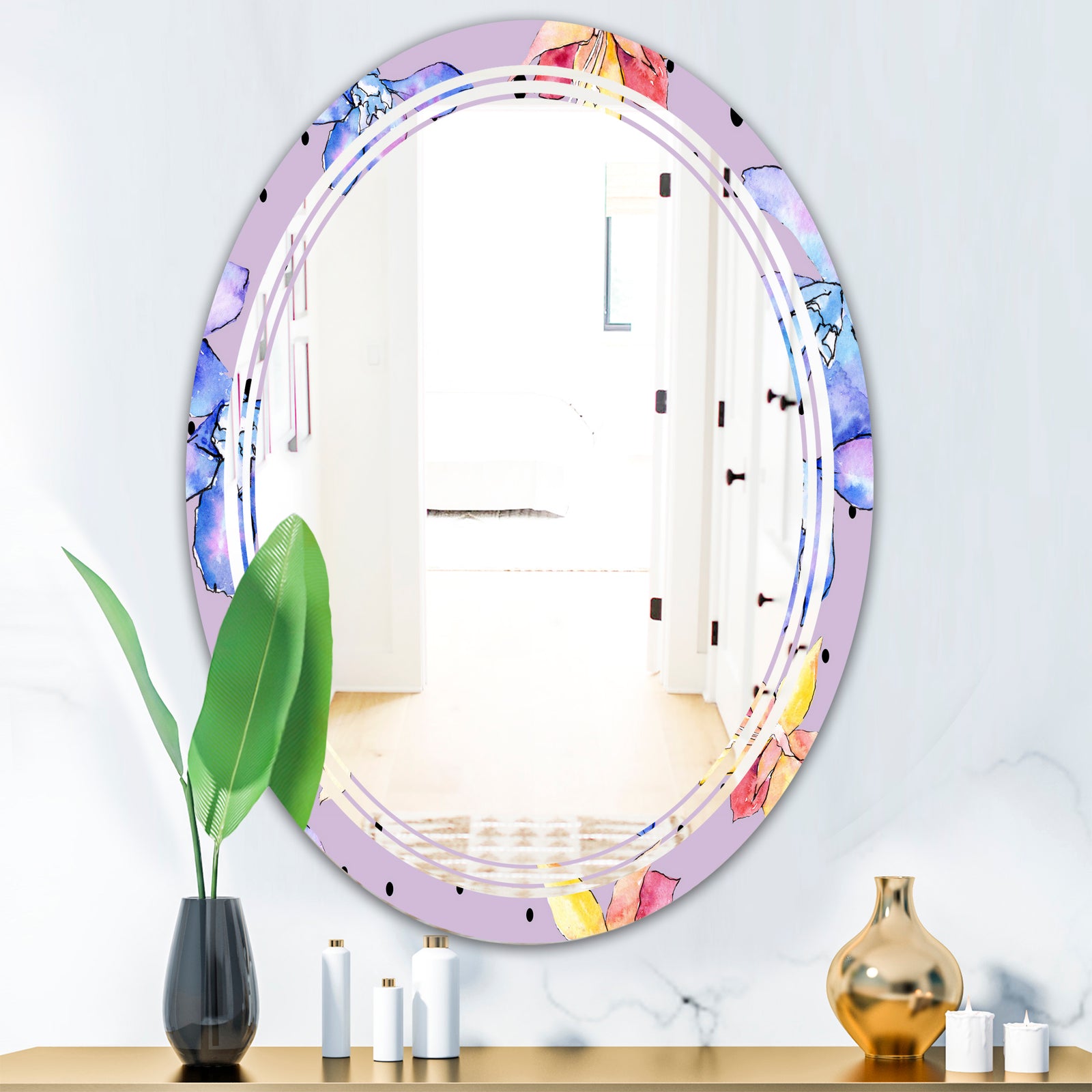 Floral Botanical Retro V - Modern Round or Oval Wall Mirror - Triple C