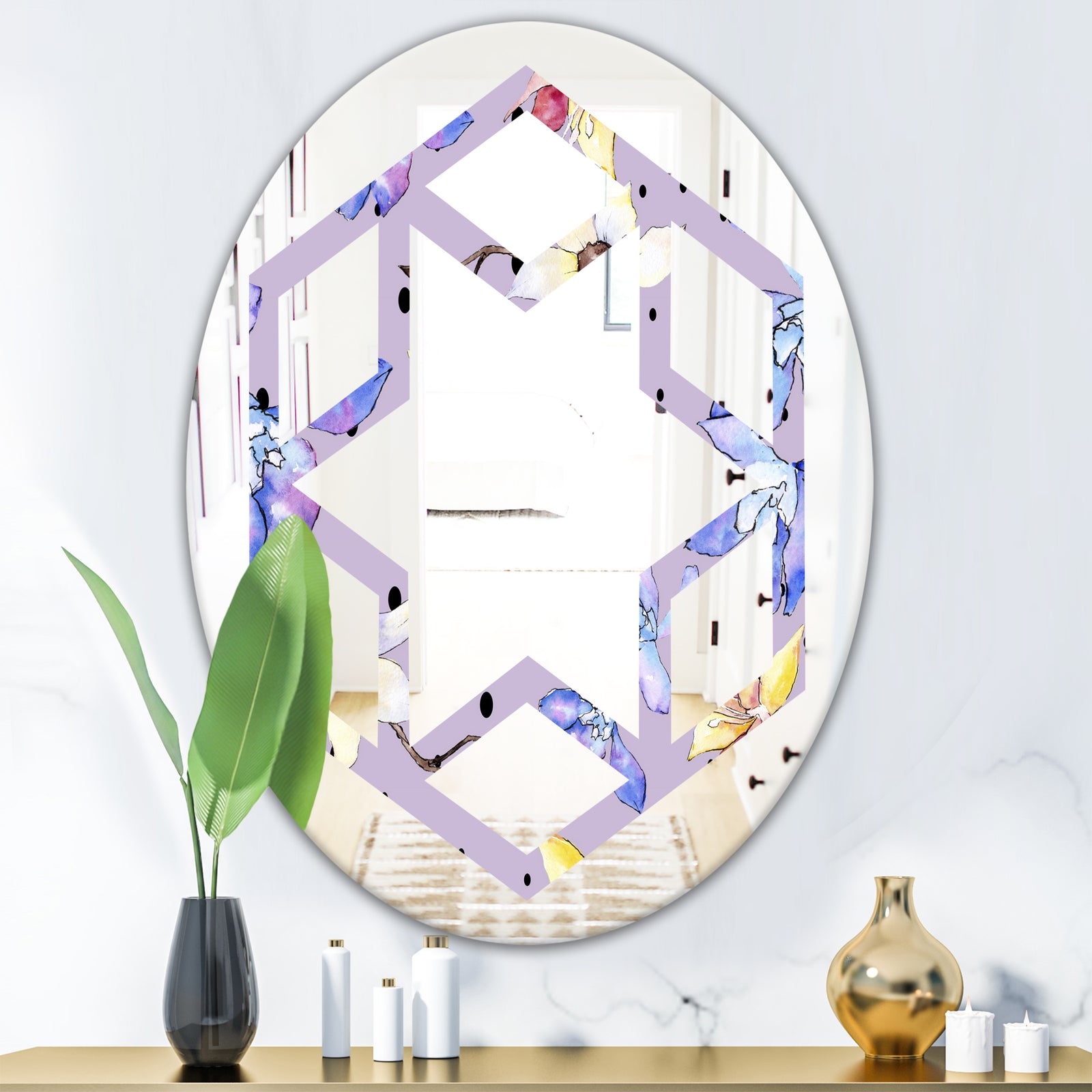 Floral Botanical Retro V - Modern Round or Oval Wall Mirror - Hexagon Star