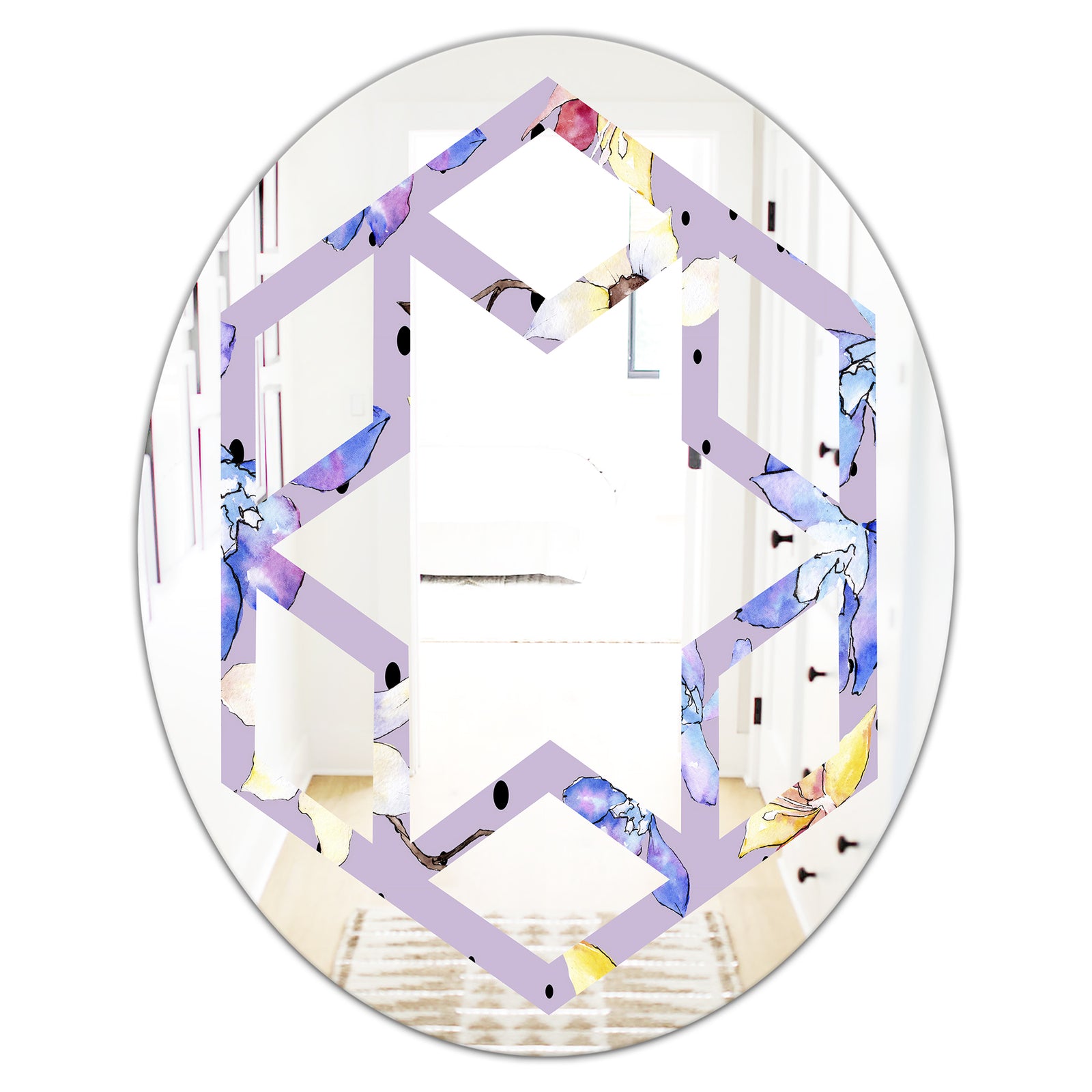 Floral Botanical Retro V - Modern Round or Oval Wall Mirror - Hexagon Star