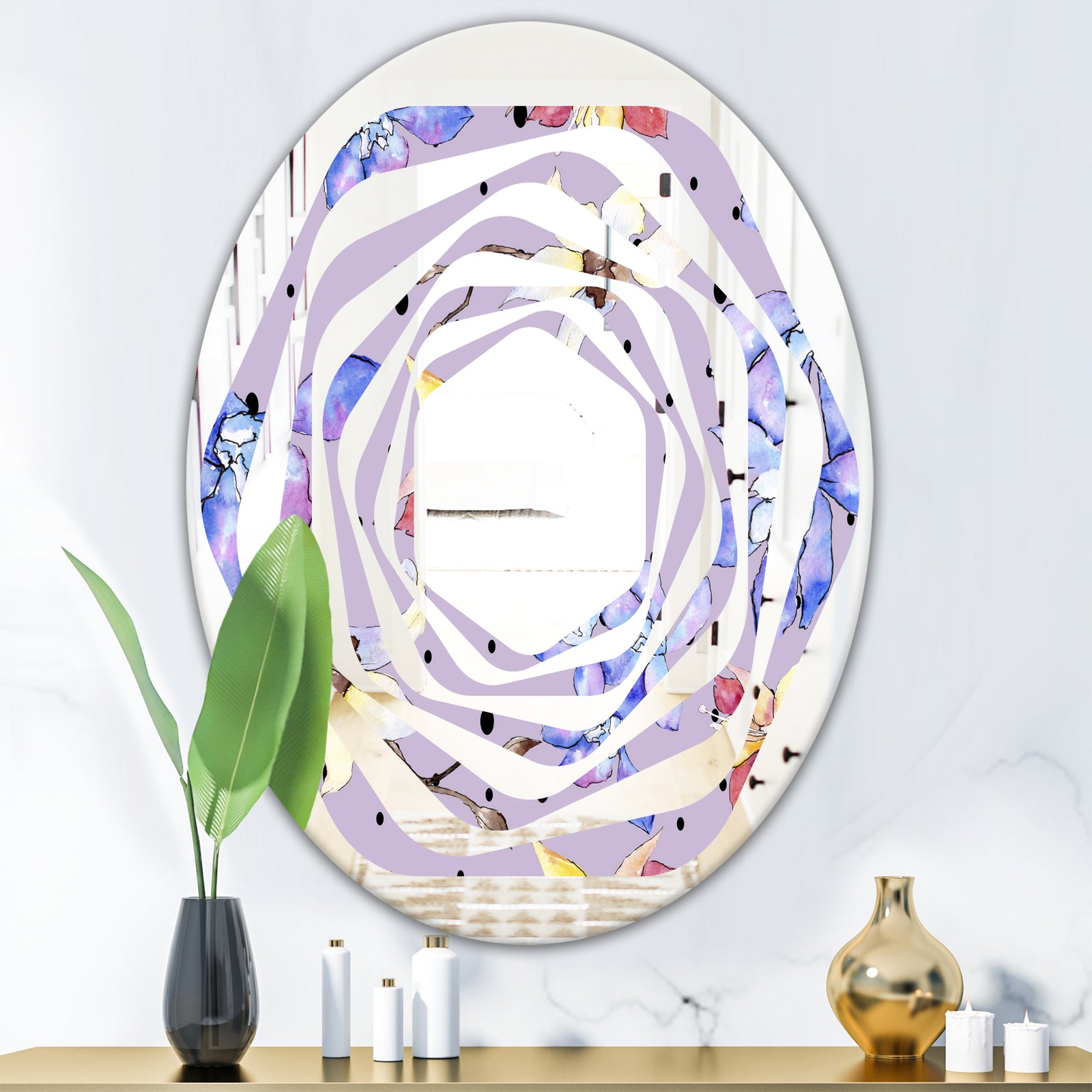 Floral Botanical Retro V - Modern Round or Oval Wall Mirror - Whirl