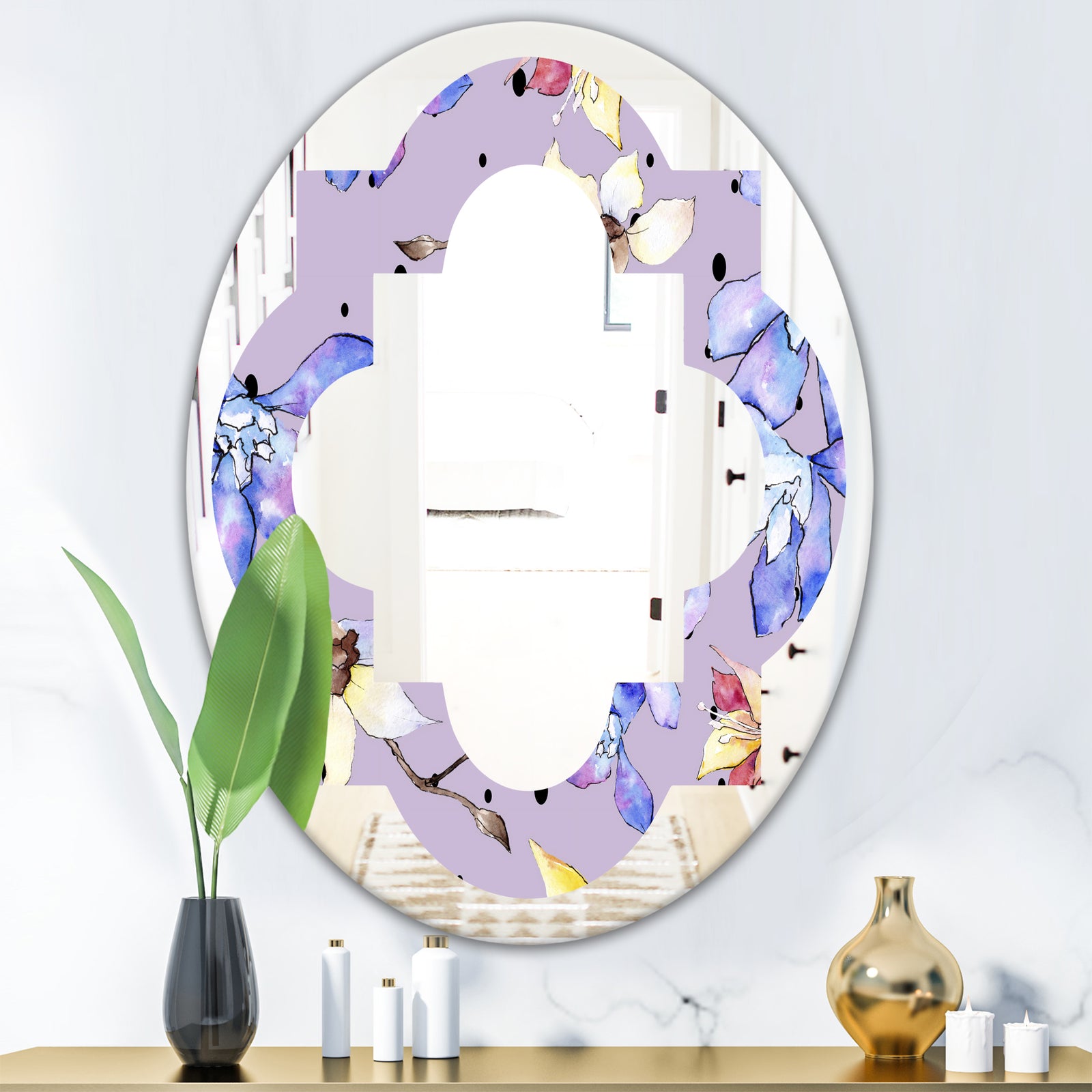 Floral Botanical Retro V - Modern Round or Oval Wall Mirror - Quatrefoil