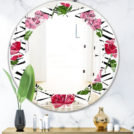 Retro Pink and Red Roses - Cottage Round or Oval Wall Mirror - Leaves