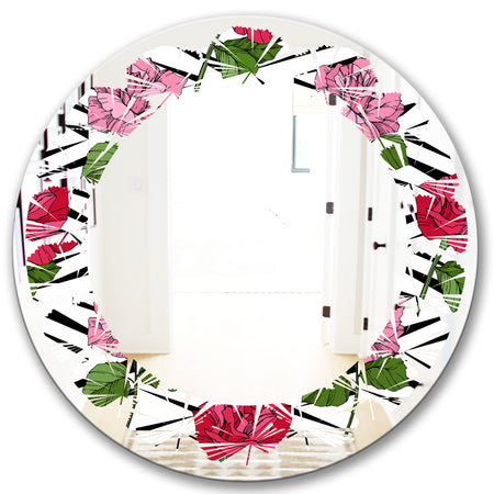 Retro Pink and Red Roses - Cottage Round or Oval Wall Mirror - Leaves