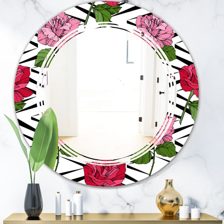 Retro Pink and Red Roses - Cottage Round or Oval Wall Mirror - Triple C