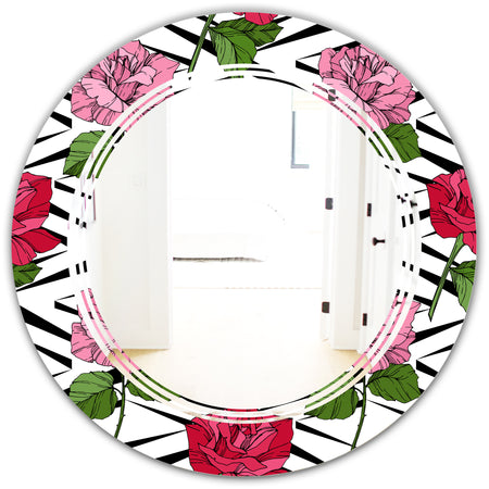 Retro Pink and Red Roses - Cottage Round or Oval Wall Mirror - Triple C