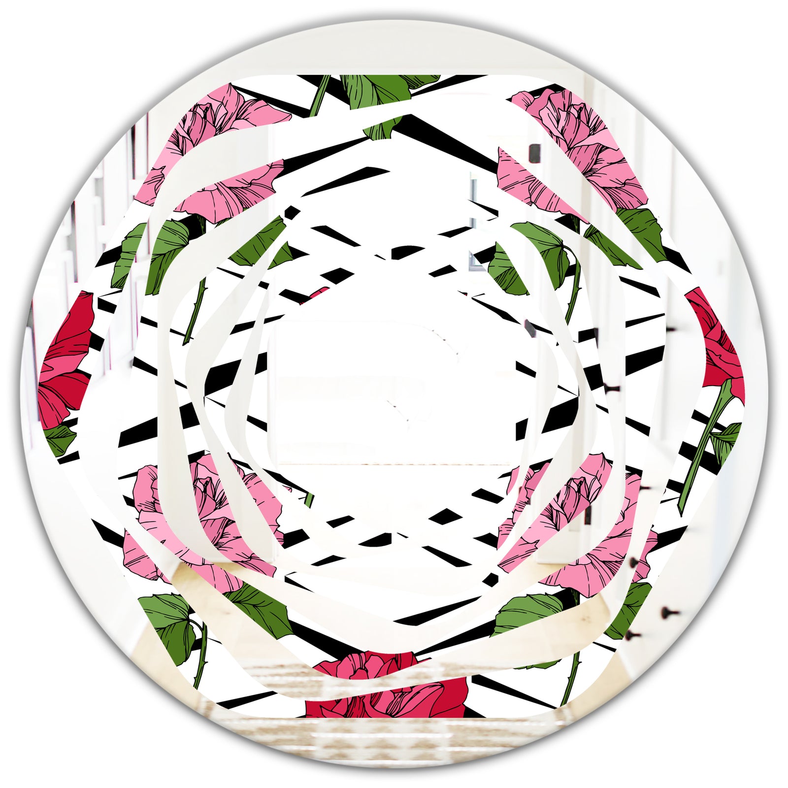 Retro Pink and Red Roses - Cottage Round or Oval Wall Mirror - Whirl