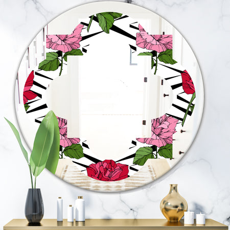 Retro Pink and Red Roses - Cottage Round or Oval Wall Mirror - Quatrefoil