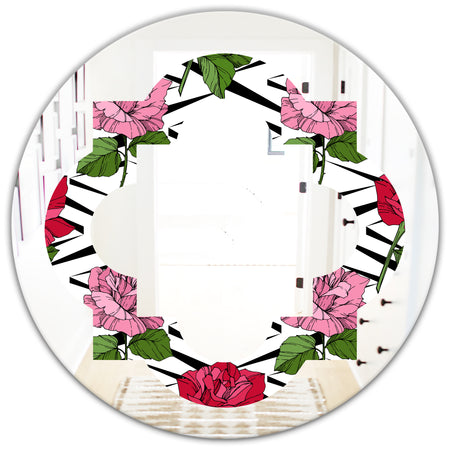 Retro Pink and Red Roses - Cottage Round or Oval Wall Mirror - Quatrefoil