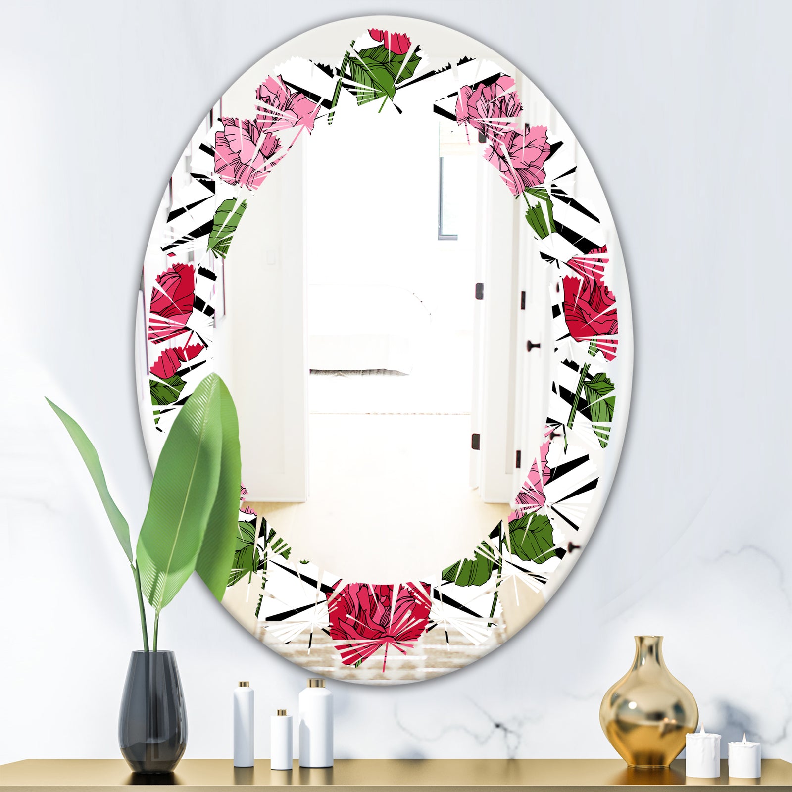 Retro Pink and Red Roses - Cottage Round or Oval Wall Mirror - Leaves
