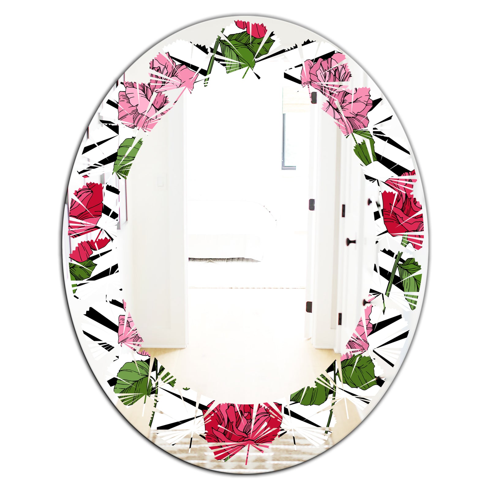 Retro Pink and Red Roses - Cottage Round or Oval Wall Mirror - Leaves