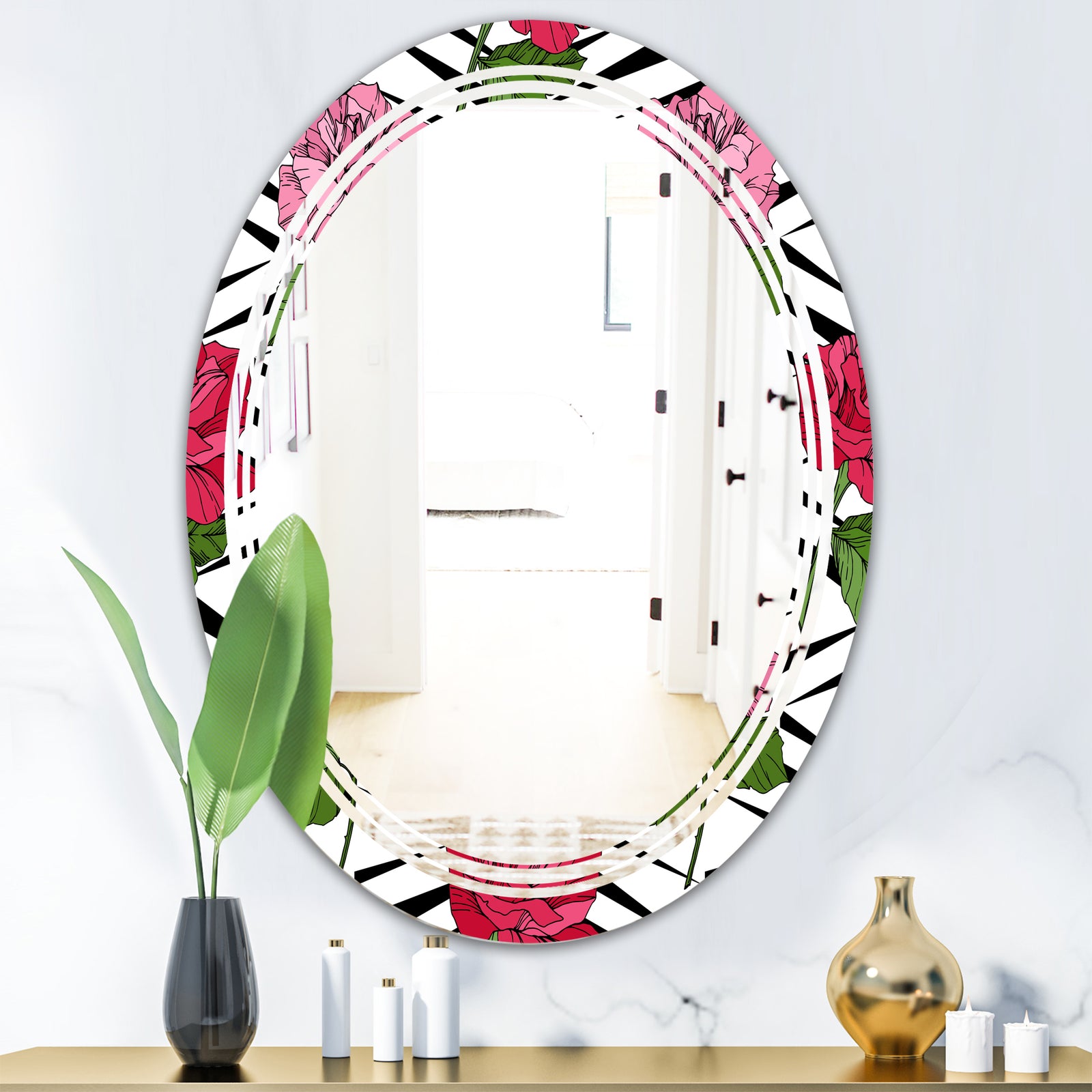 Retro Pink and Red Roses - Cottage Round or Oval Wall Mirror - Triple C