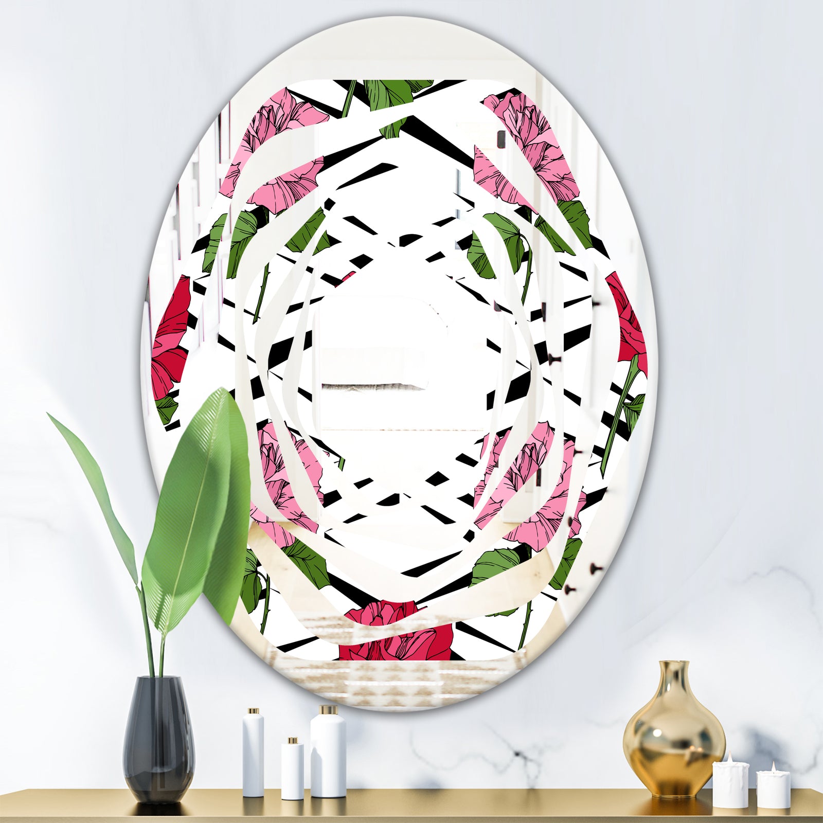 Retro Pink and Red Roses - Cottage Round or Oval Wall Mirror - Whirl