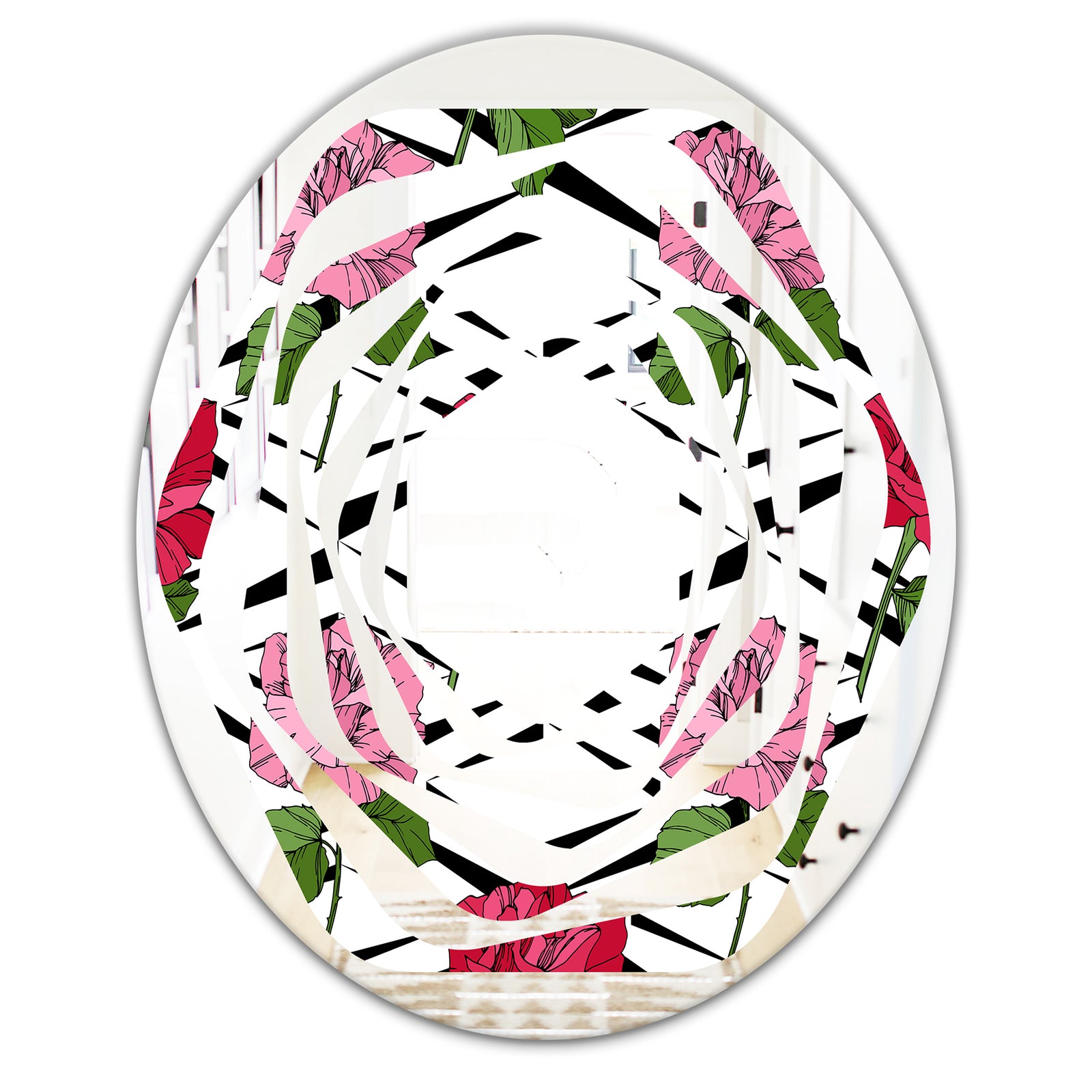 Retro Pink and Red Roses - Cottage Round or Oval Wall Mirror - Whirl
