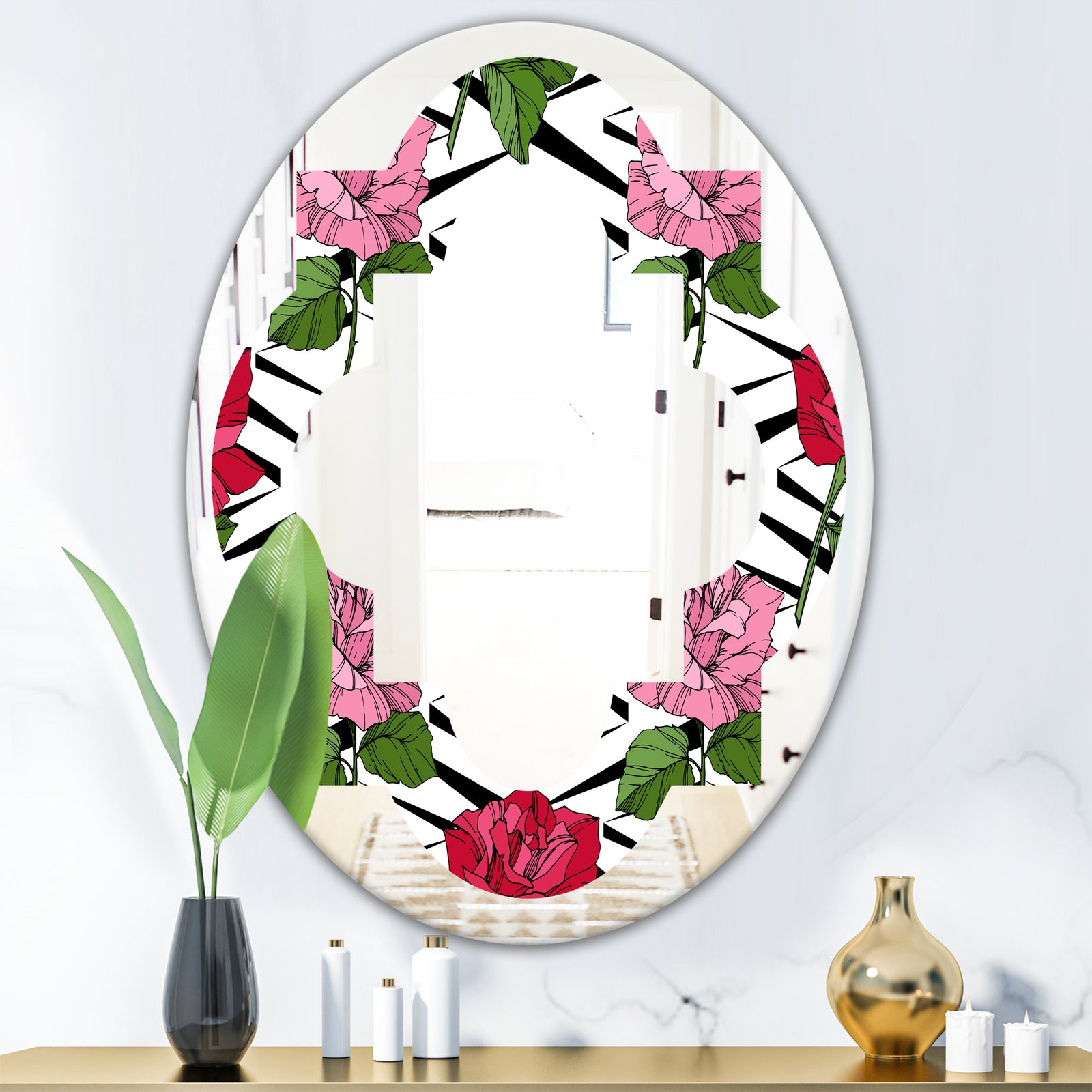 Retro Pink and Red Roses - Cottage Round or Oval Wall Mirror - Quatrefoil