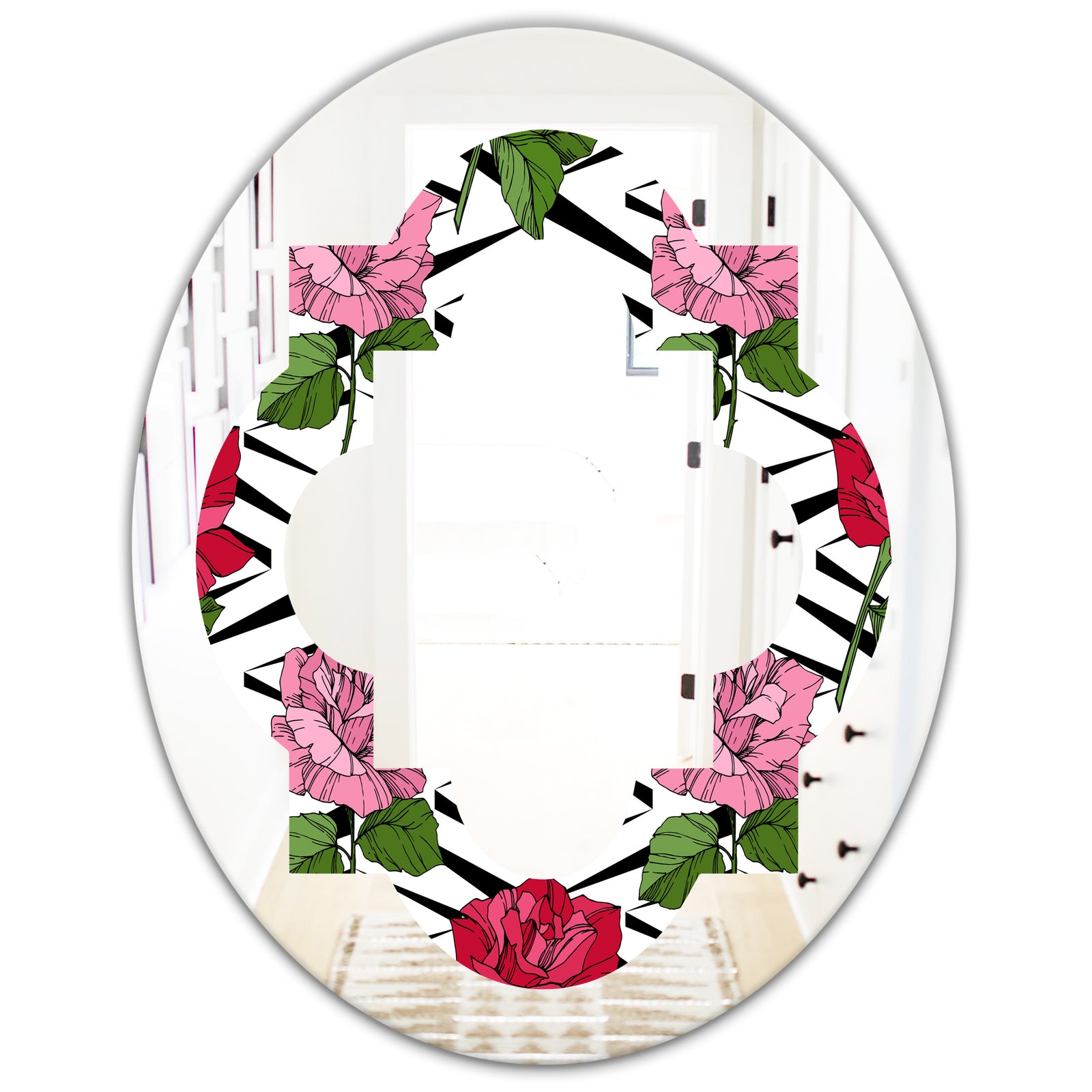 Retro Pink and Red Roses - Cottage Round or Oval Wall Mirror - Quatrefoil