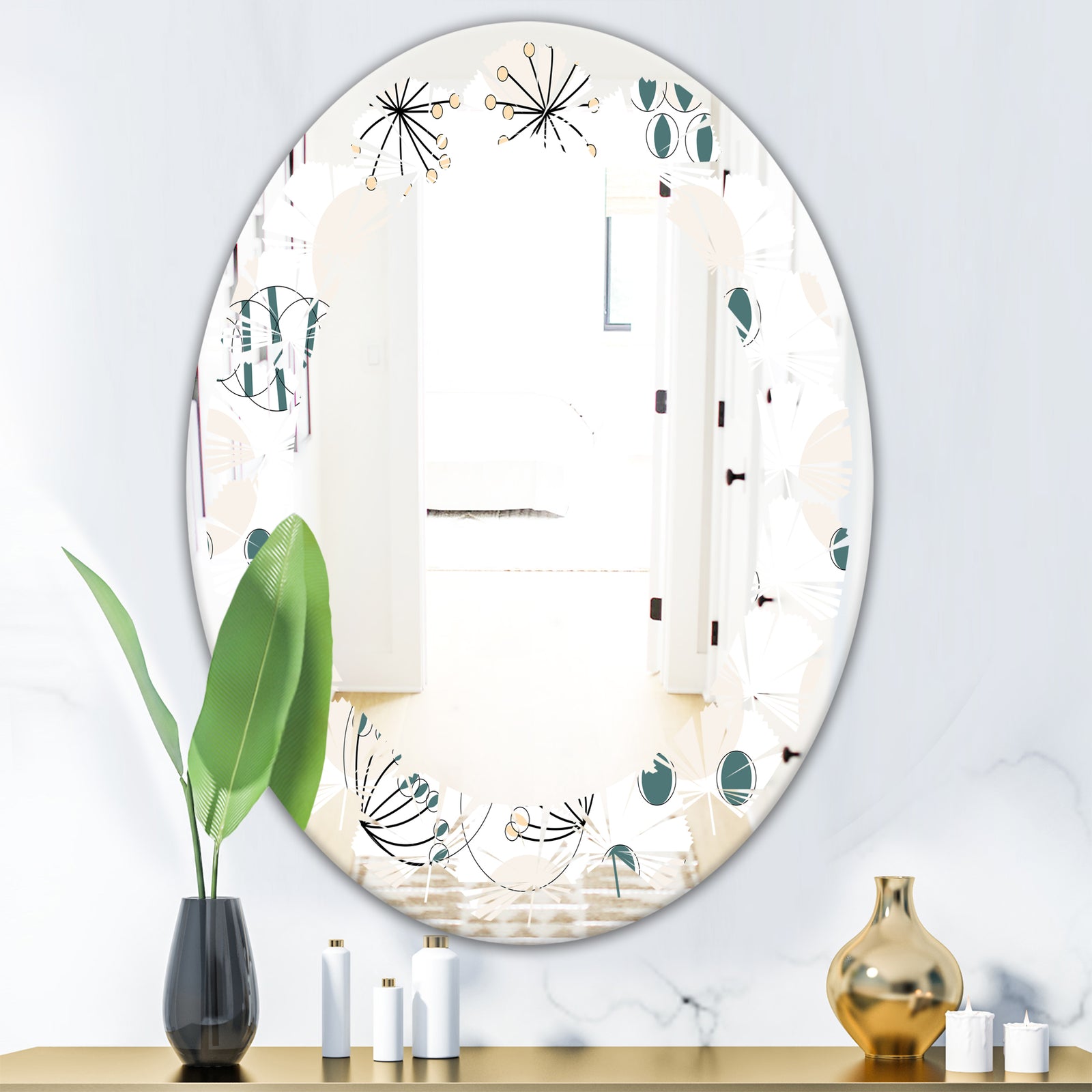 Modern abstract geometric pattern - Modern Round or Oval Wall Mirror - Leaves