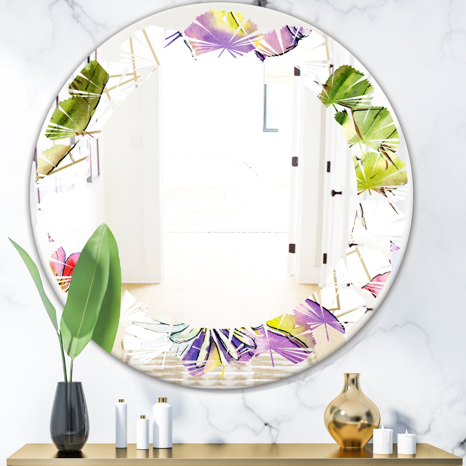 Green Cactus Pattern - Cottage Round or Oval Wall Mirror - Leaves