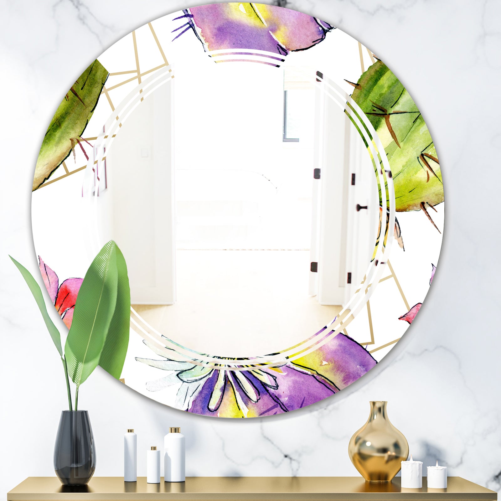 Green Cactus Pattern - Cottage Round or Oval Wall Mirror - Triple C