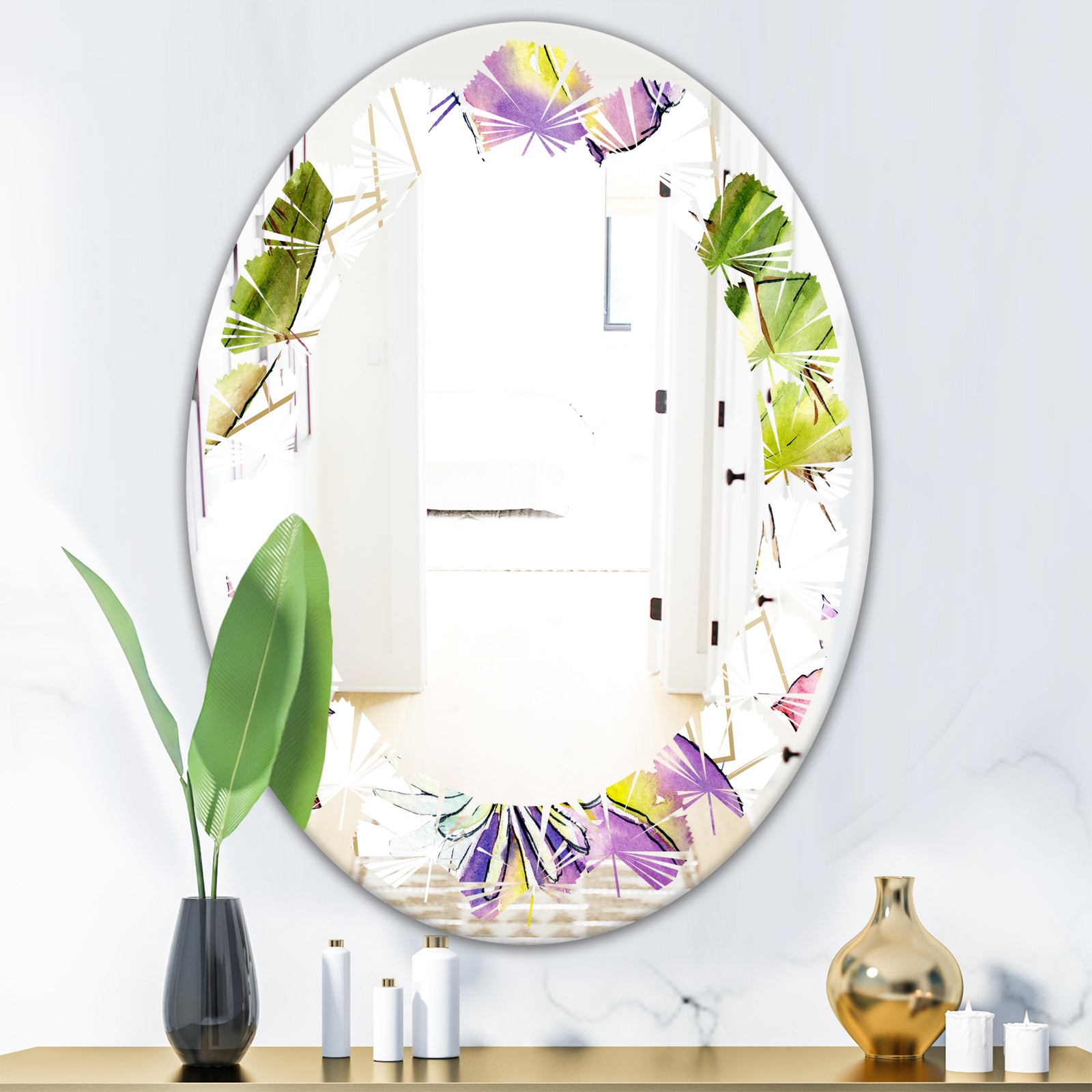 Green Cactus Pattern - Cottage Round or Oval Wall Mirror - Leaves