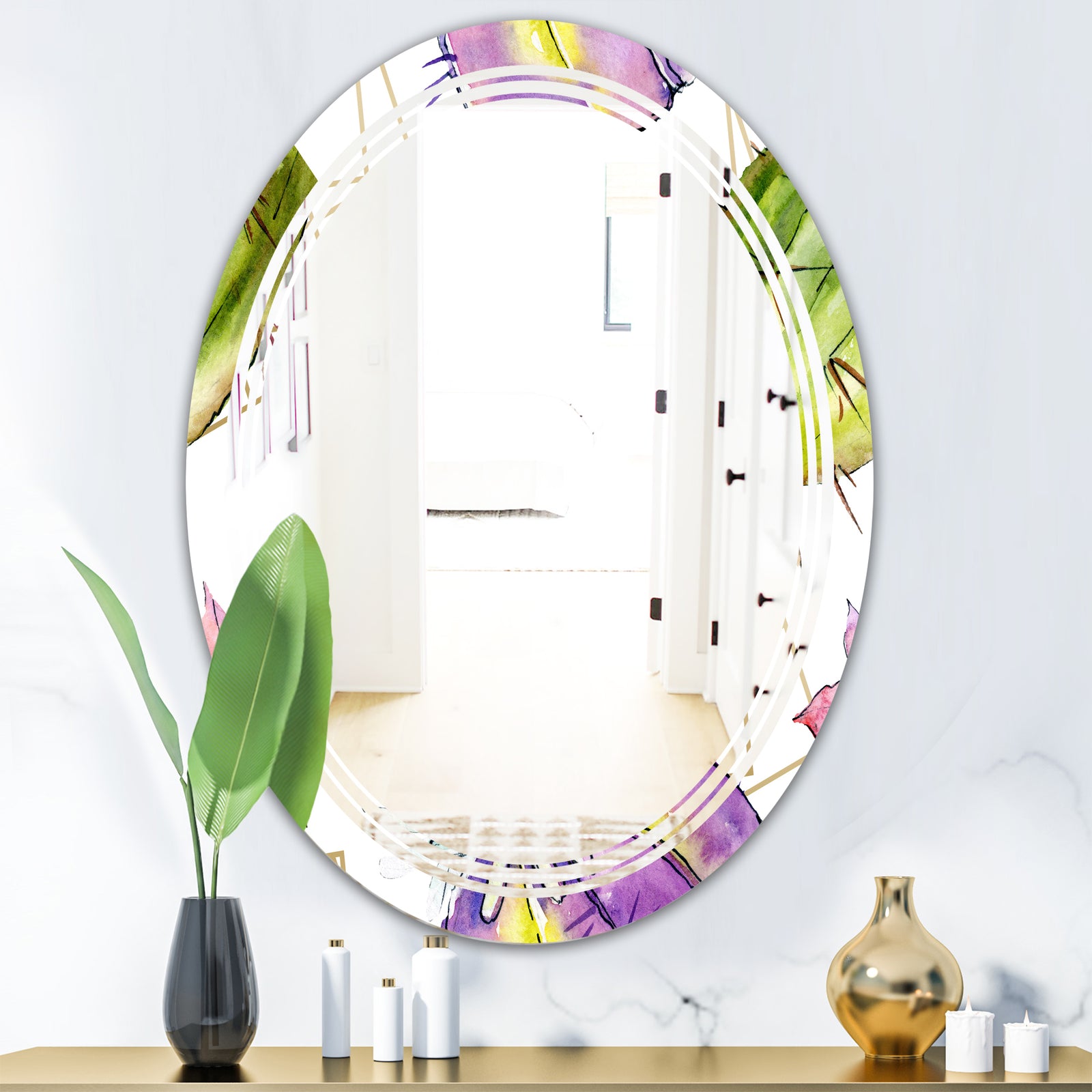Green Cactus Pattern - Cottage Round or Oval Wall Mirror - Triple C