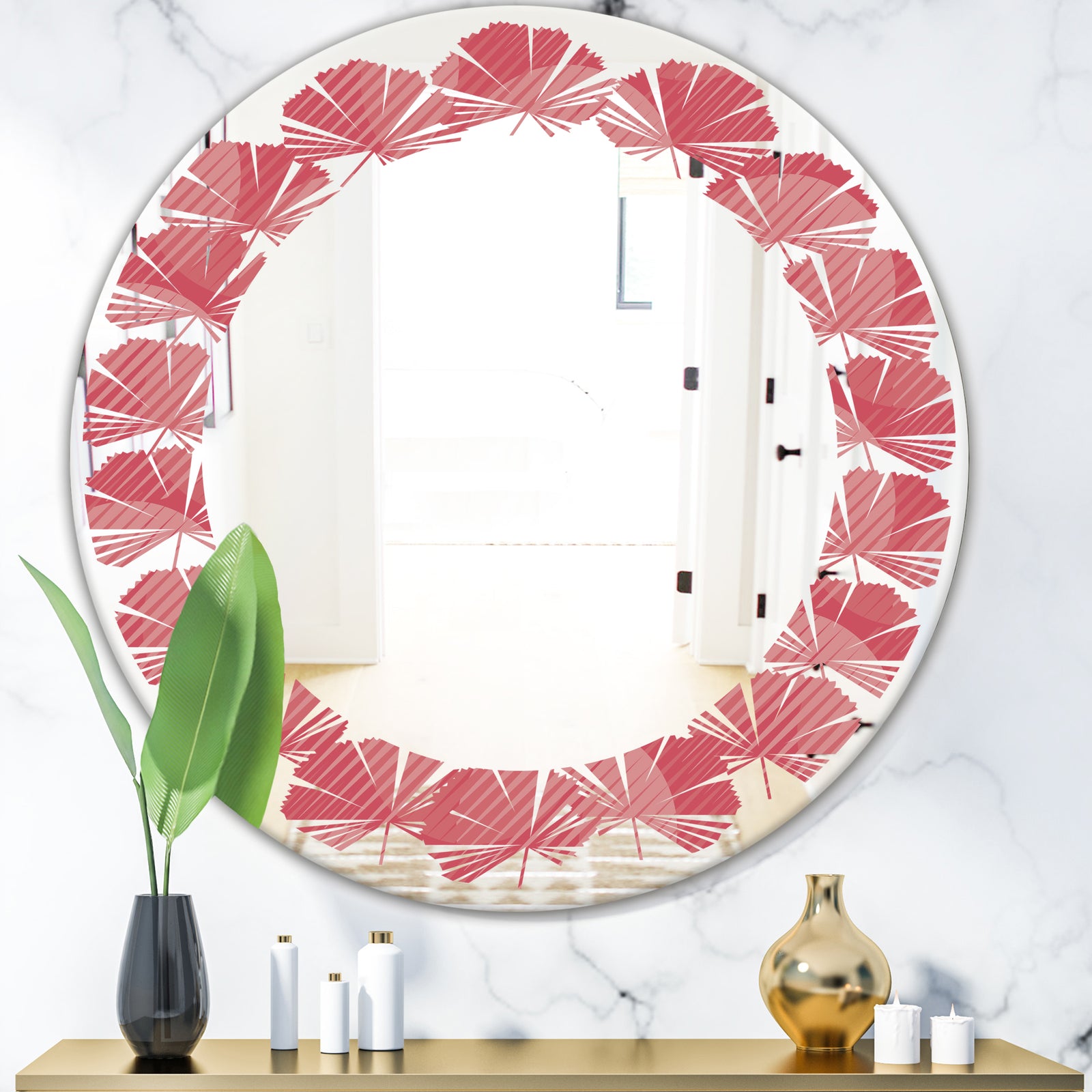 Coral Round Geometrical - Modern Round or Oval Wall Mirror - Leaves