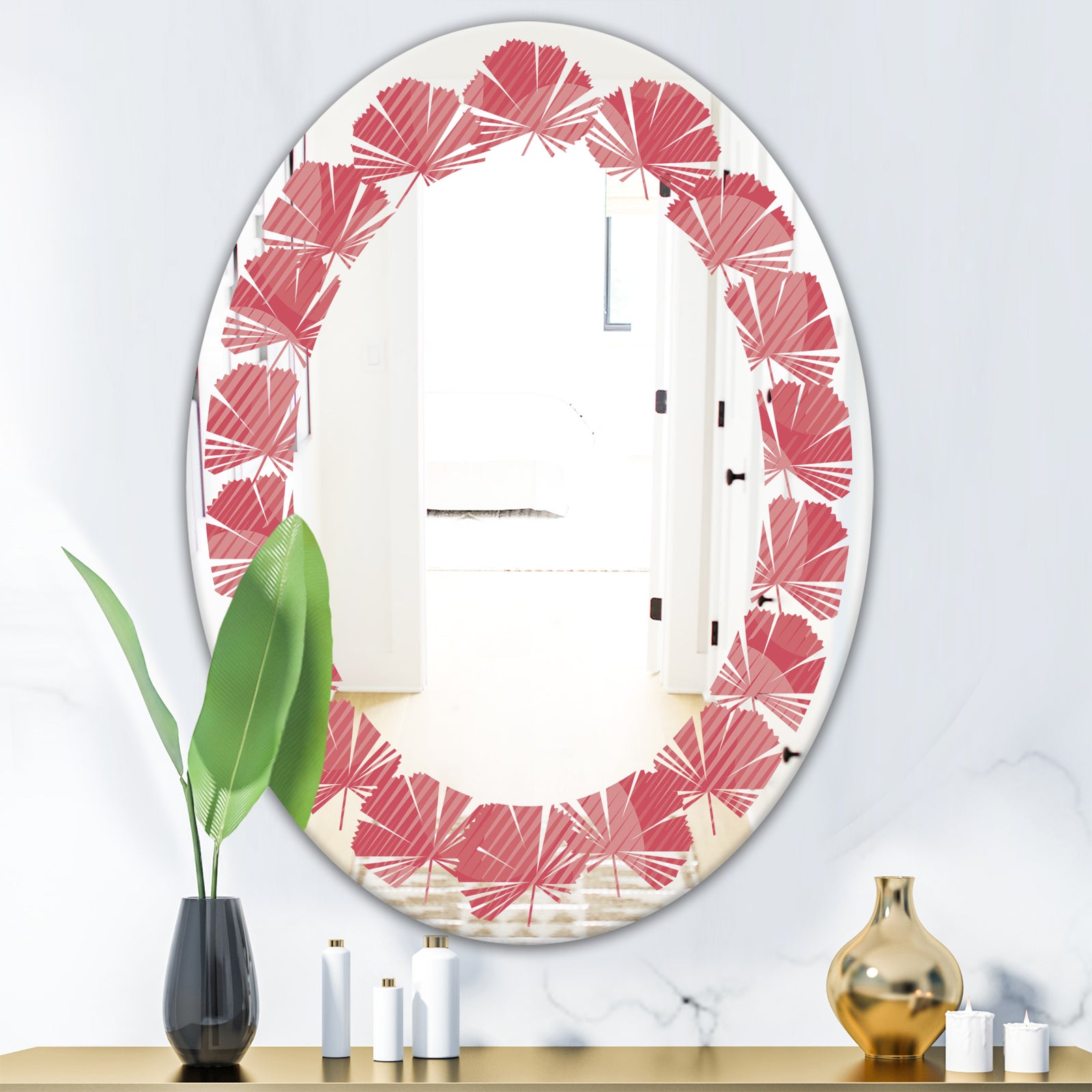 Coral Round Geometrical - Modern Round or Oval Wall Mirror - Leaves