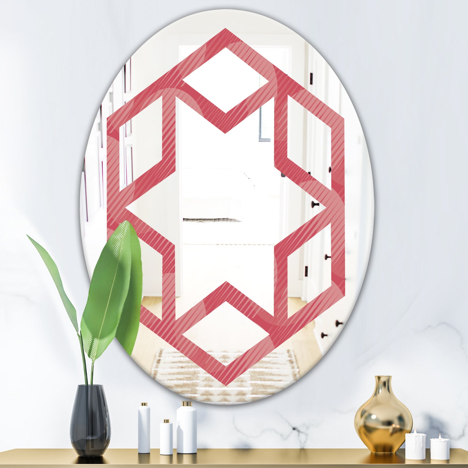 Coral Round Geometrical - Modern Round or Oval Wall Mirror - Hexagon Star