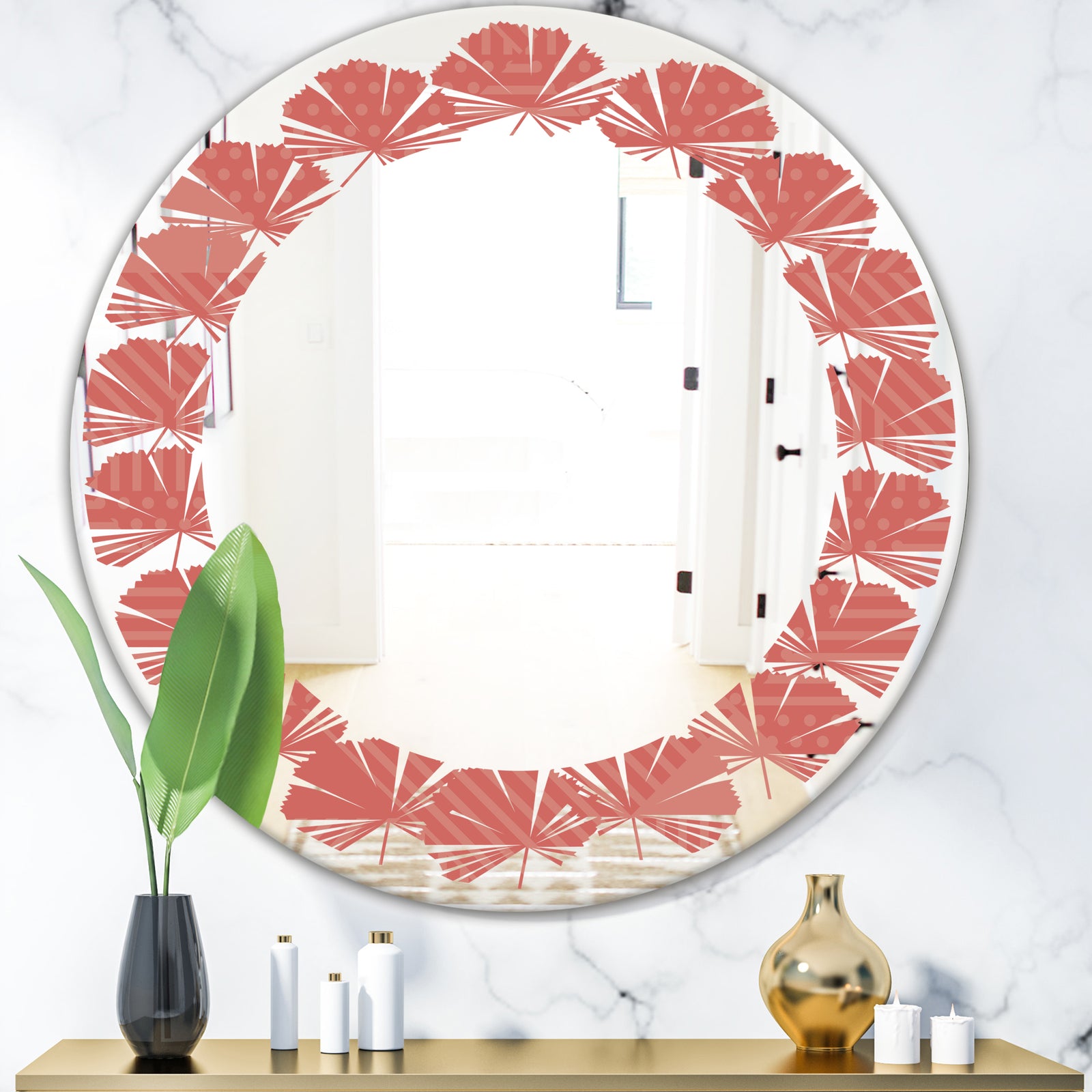 Triangual Retro Coral Pattern - Modern Round or Oval Wall Mirror - Leaves