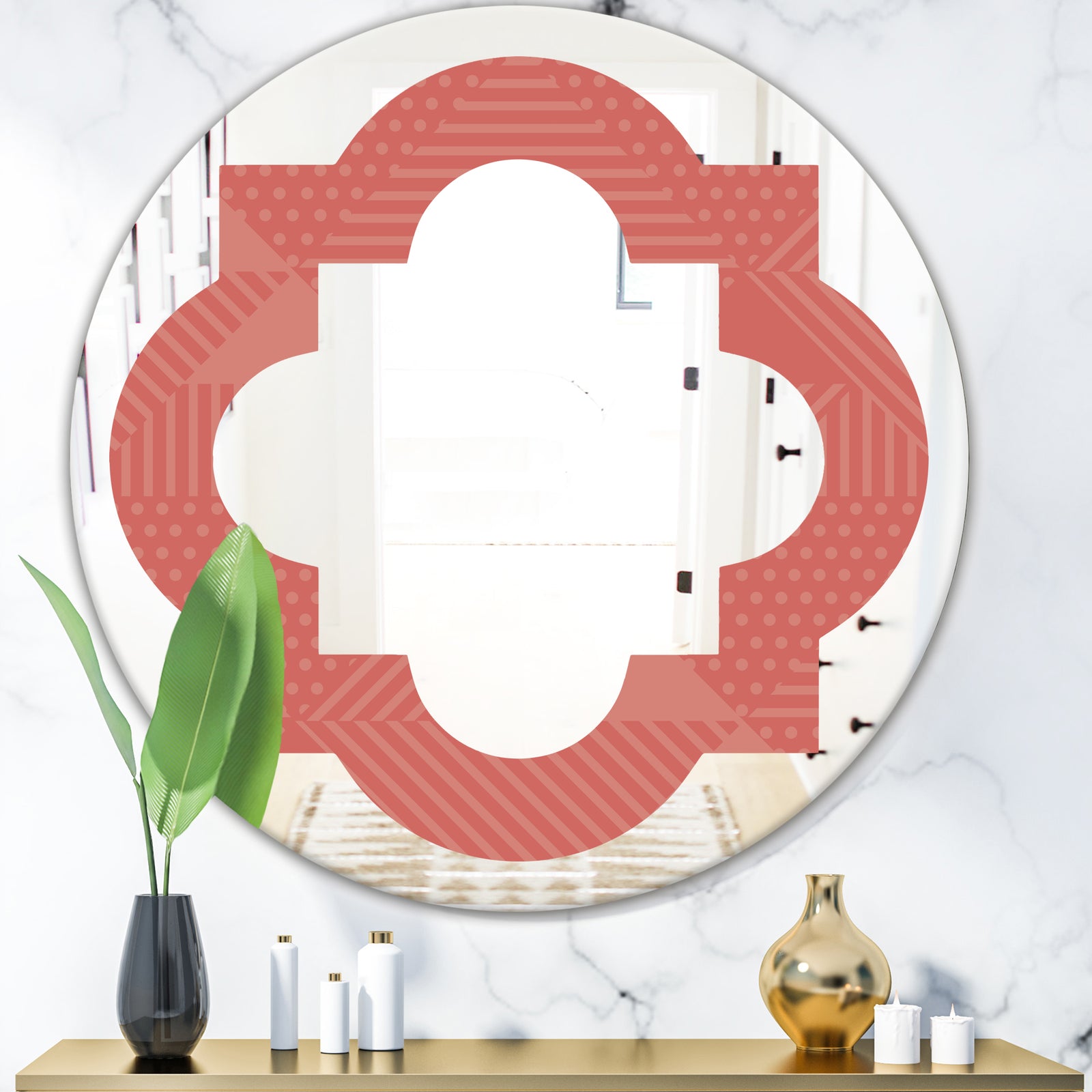 Triangual Retro Coral Pattern - Modern Round or Oval Wall Mirror - Quatrefoil