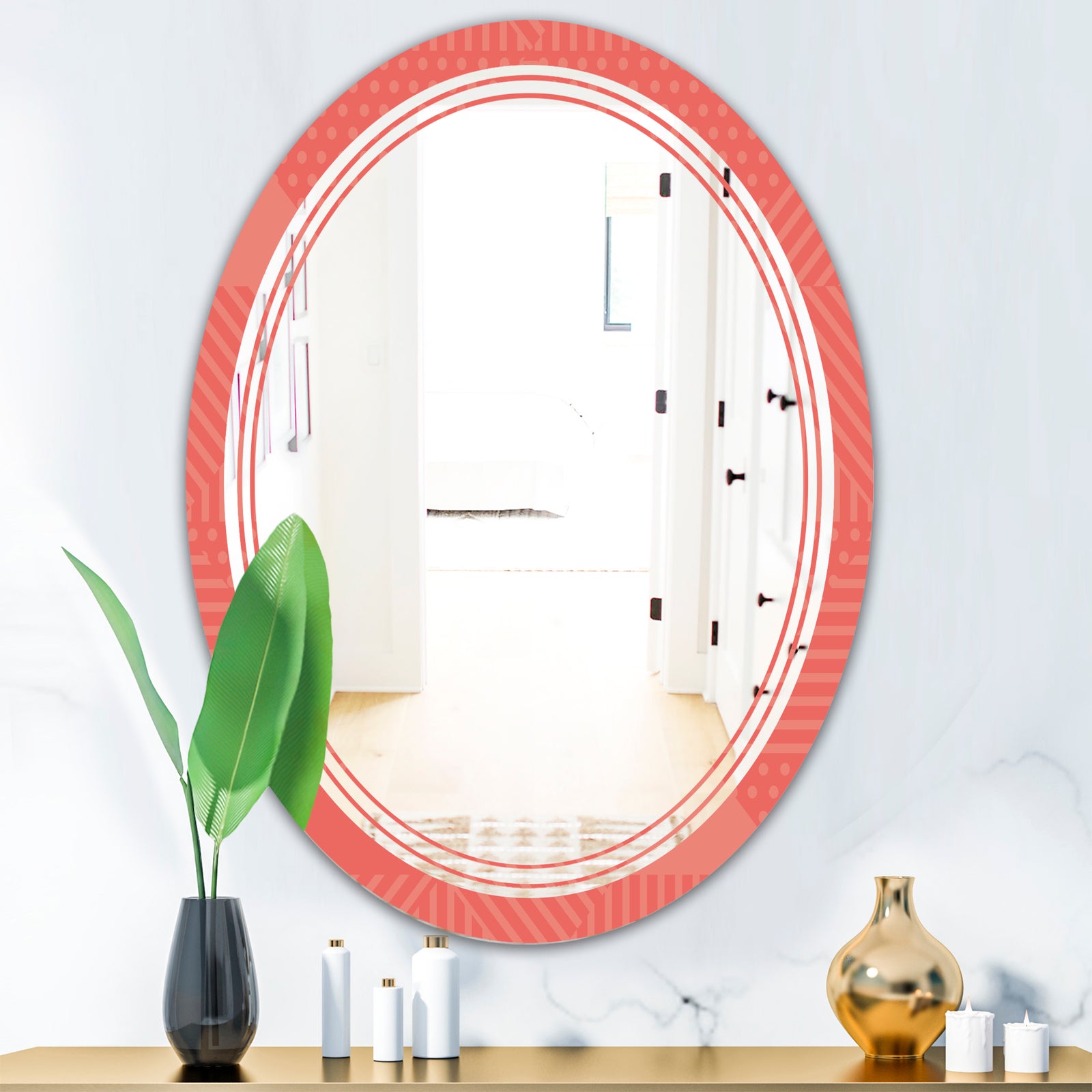 Triangual Retro Coral Pattern - Modern Round or Oval Wall Mirror - Triple C