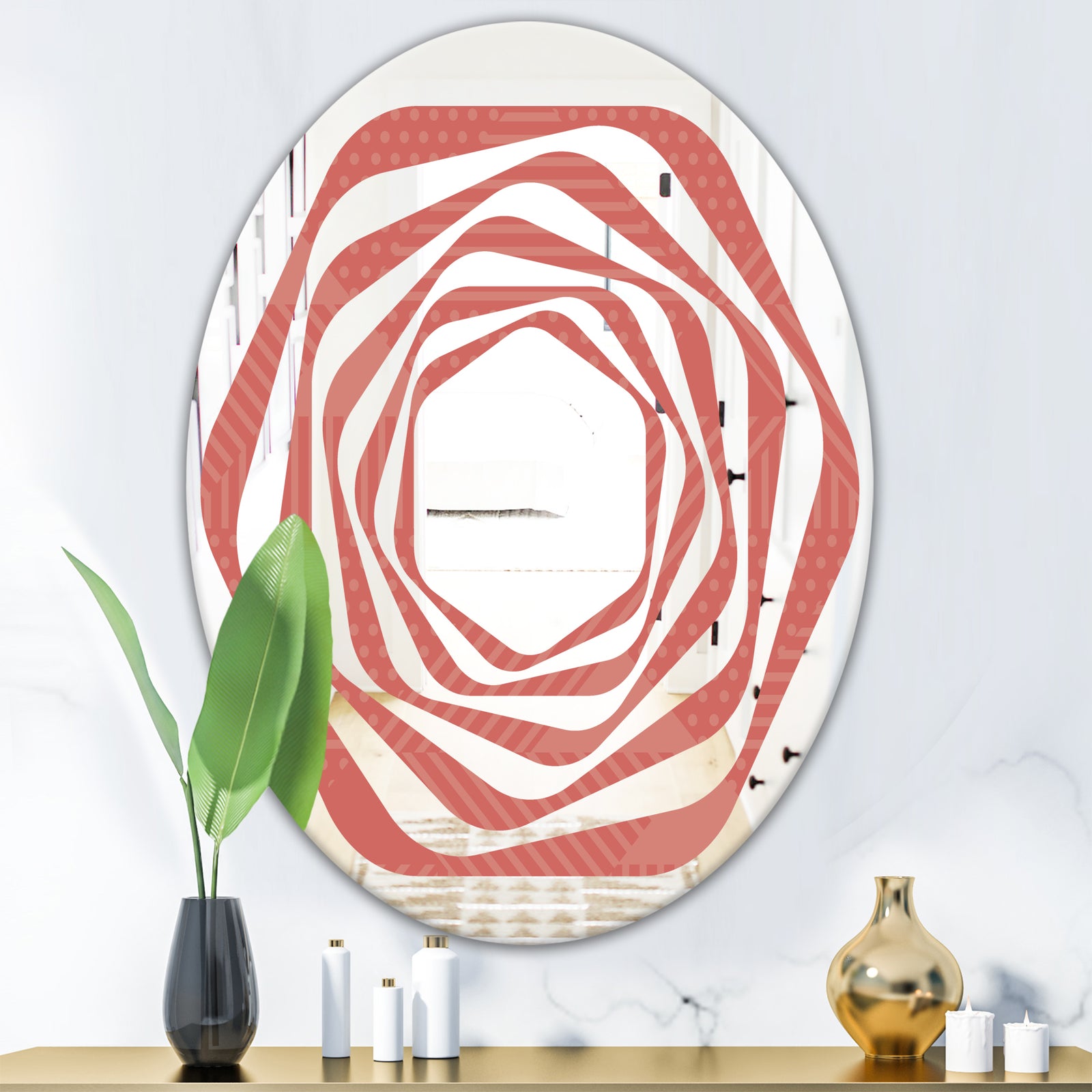 Triangual Retro Coral Pattern - Modern Round or Oval Wall Mirror - Whirl
