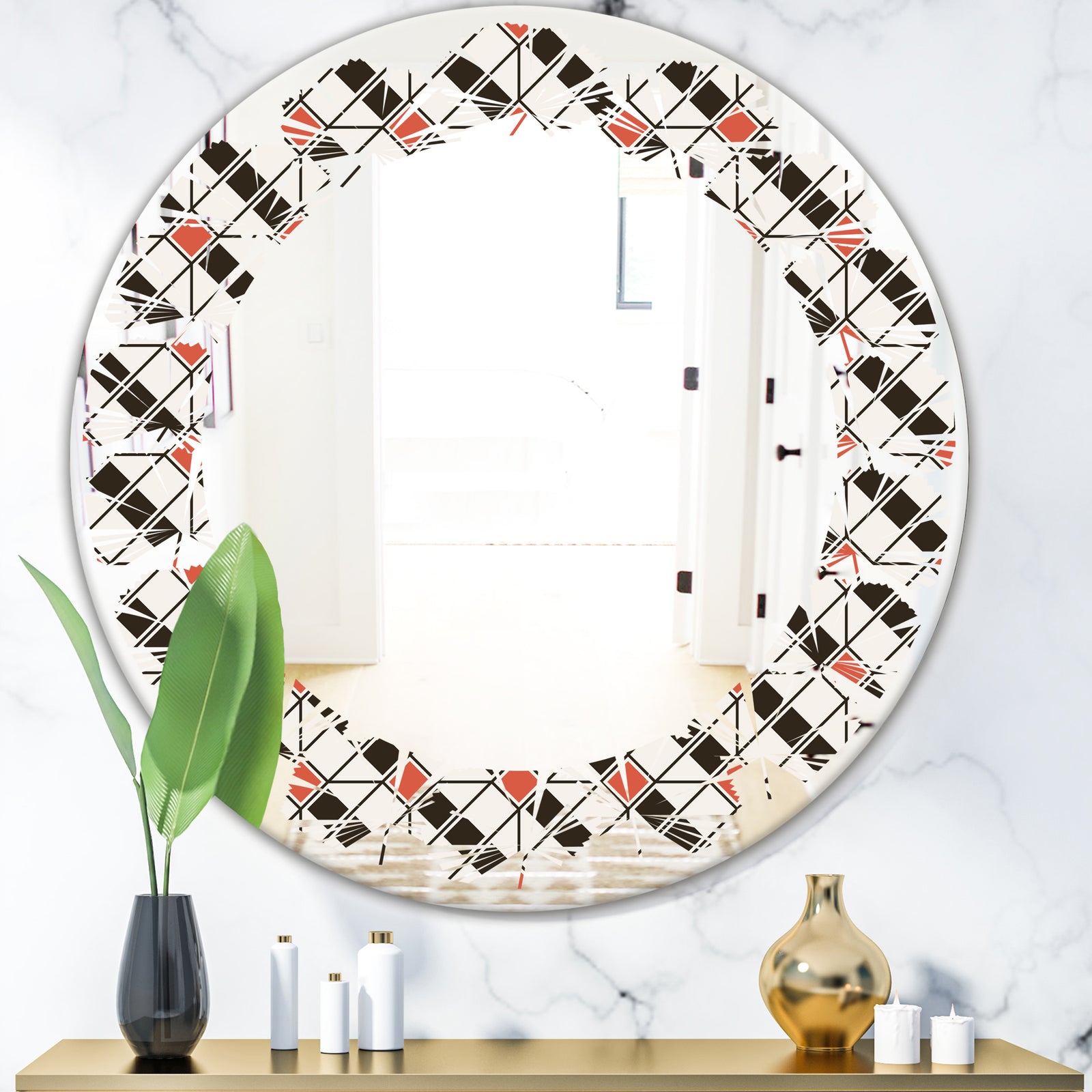 Abstract Design Retro Pattern IV - Modern Round or Oval Wall Mirror - Leaves