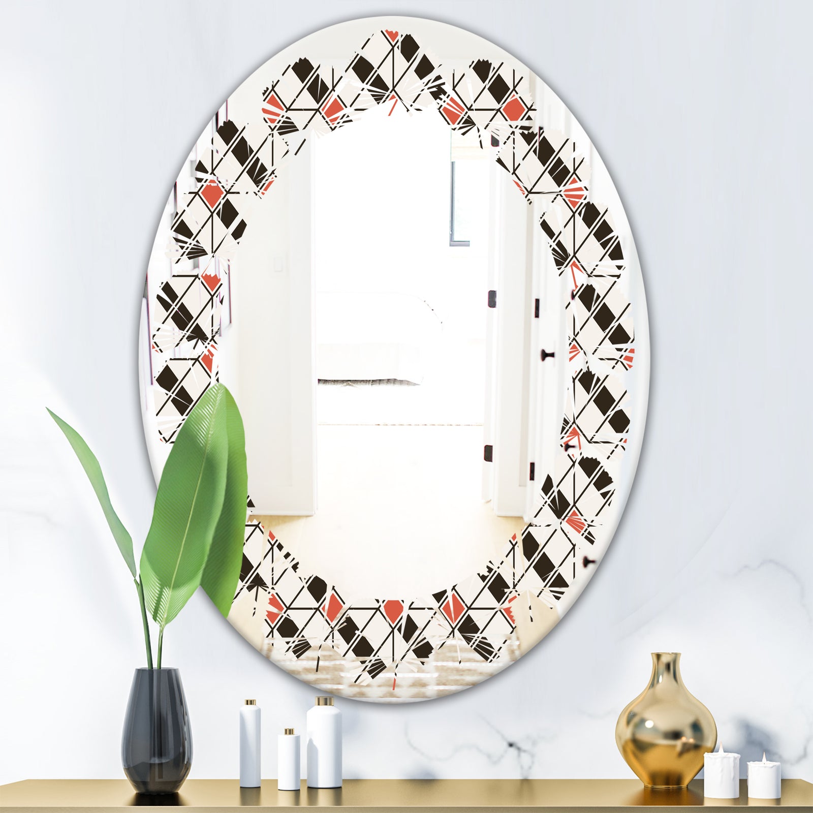 Abstract Design Retro Pattern IV - Modern Round or Oval Wall Mirror - Leaves