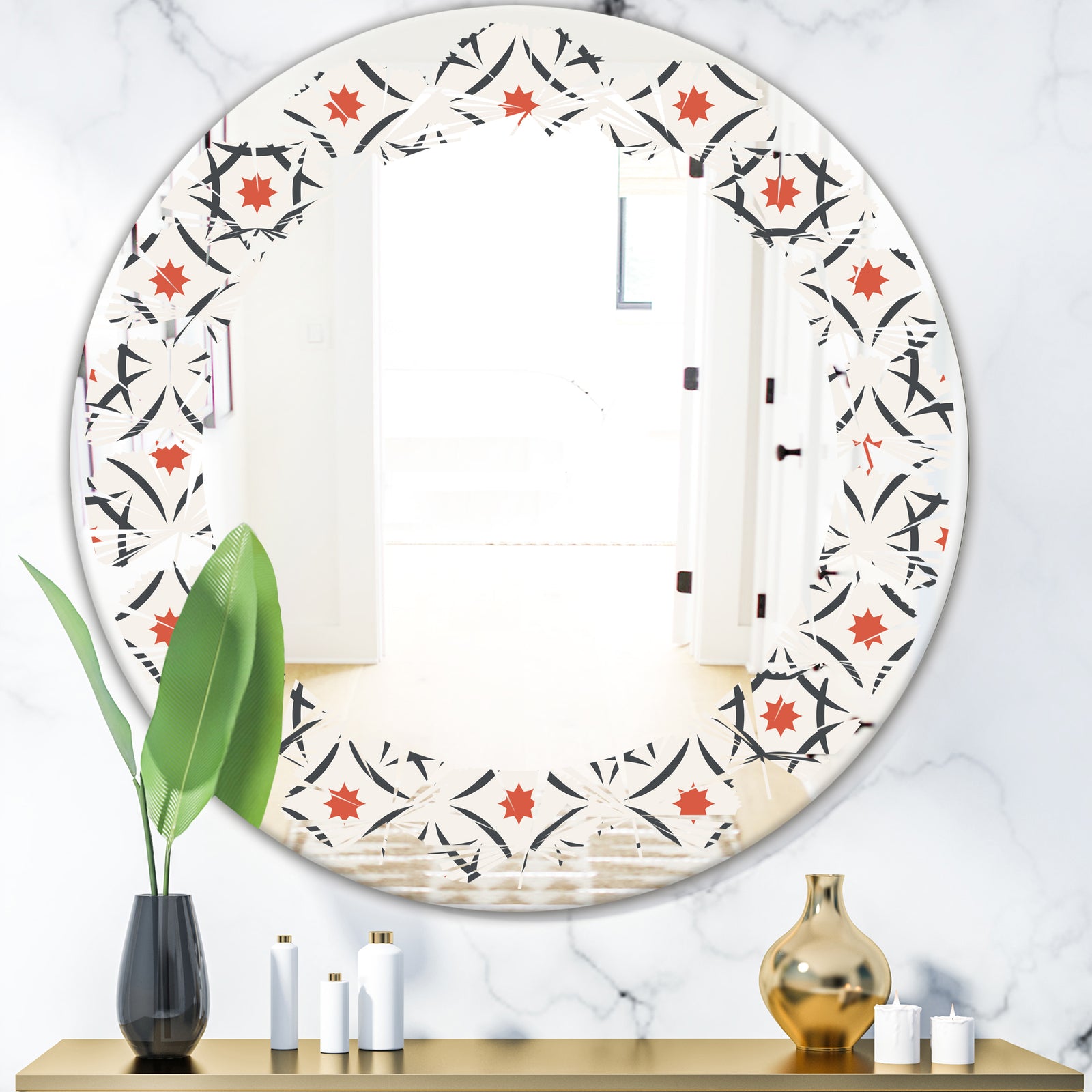 Abstract Retro Design V - Modern Round or Oval Wall Mirror - Leaves