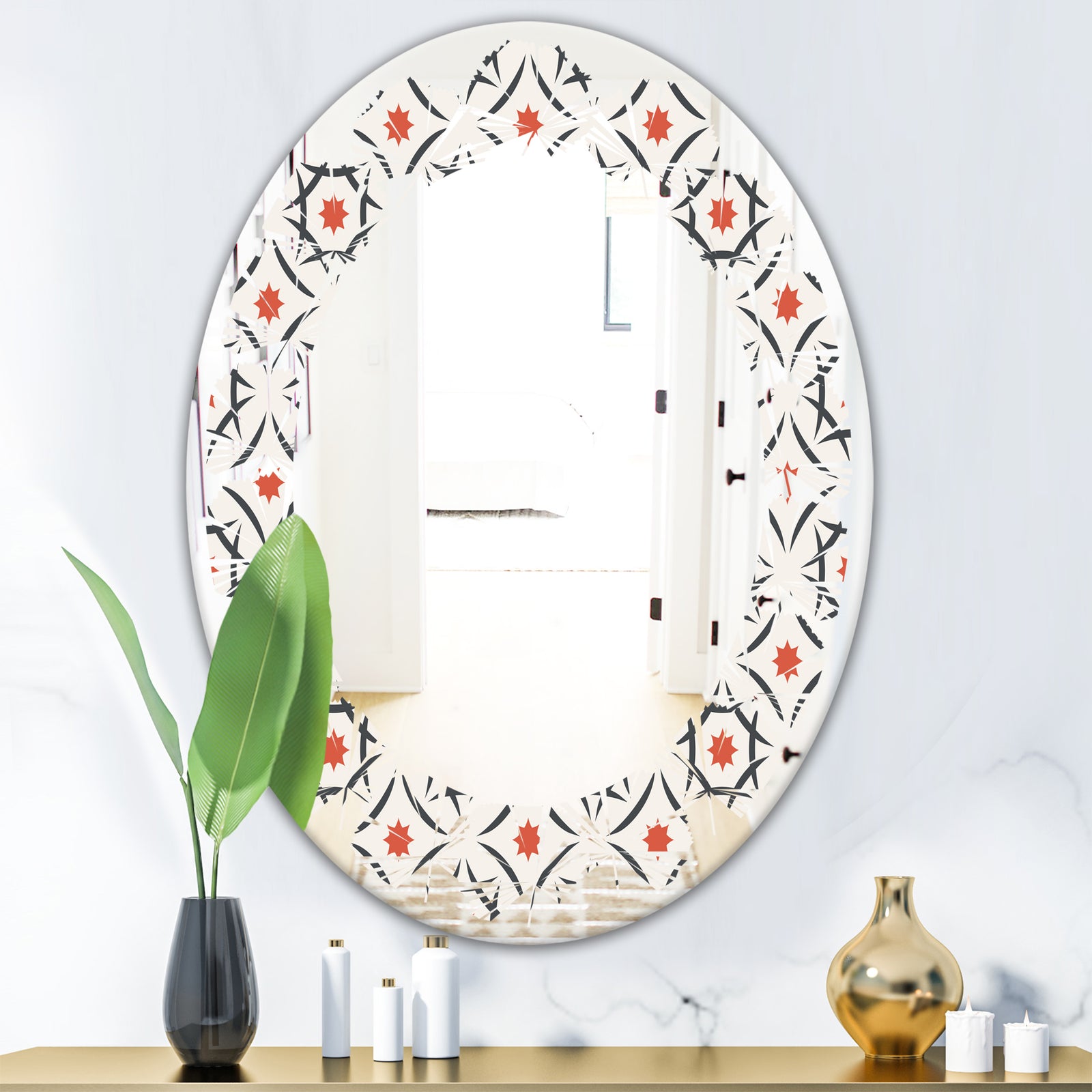 Abstract Retro Design V - Modern Round or Oval Wall Mirror - Leaves