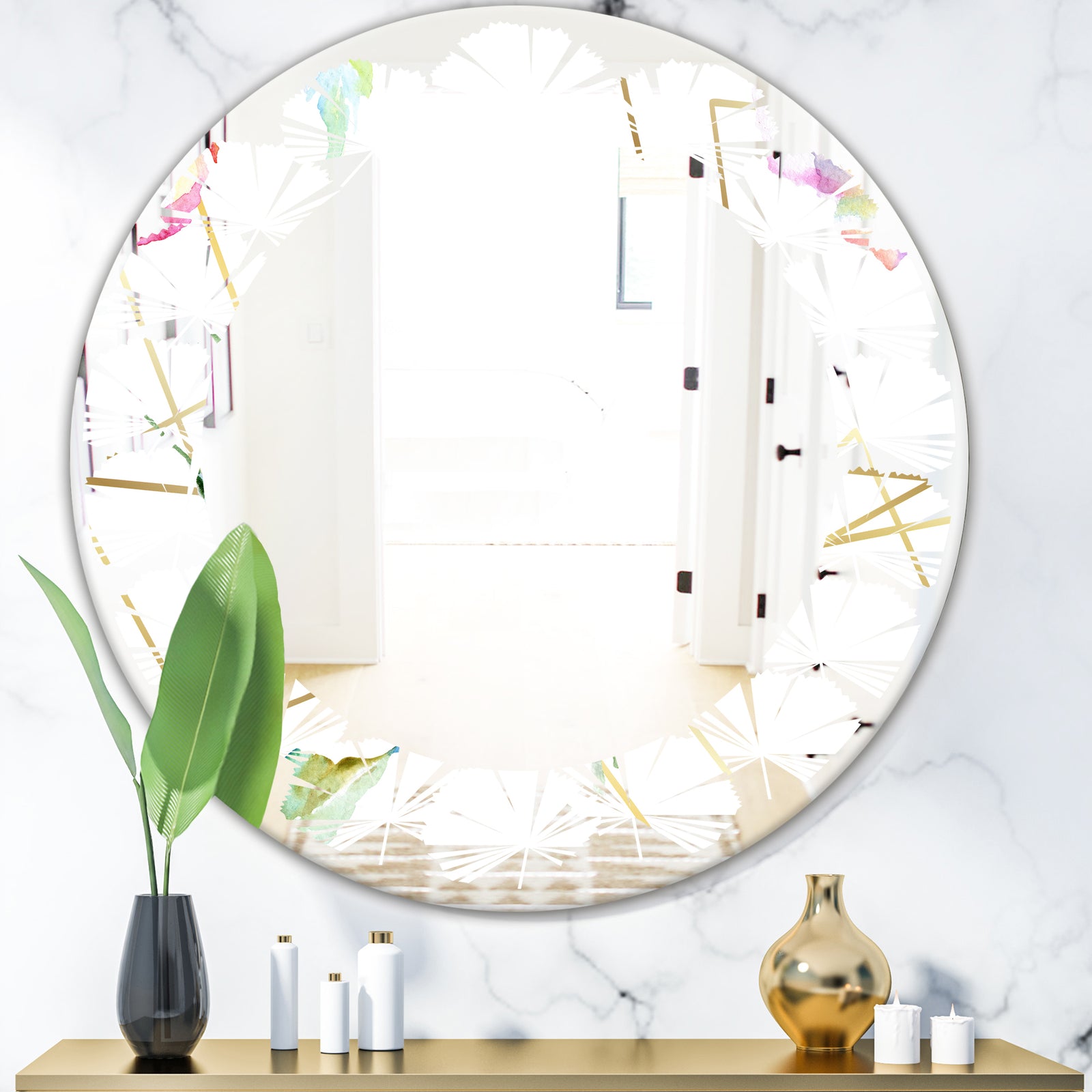 Orange Rose Flower Retro Pattern - Modern Round or Oval Wall Mirror - Leaves