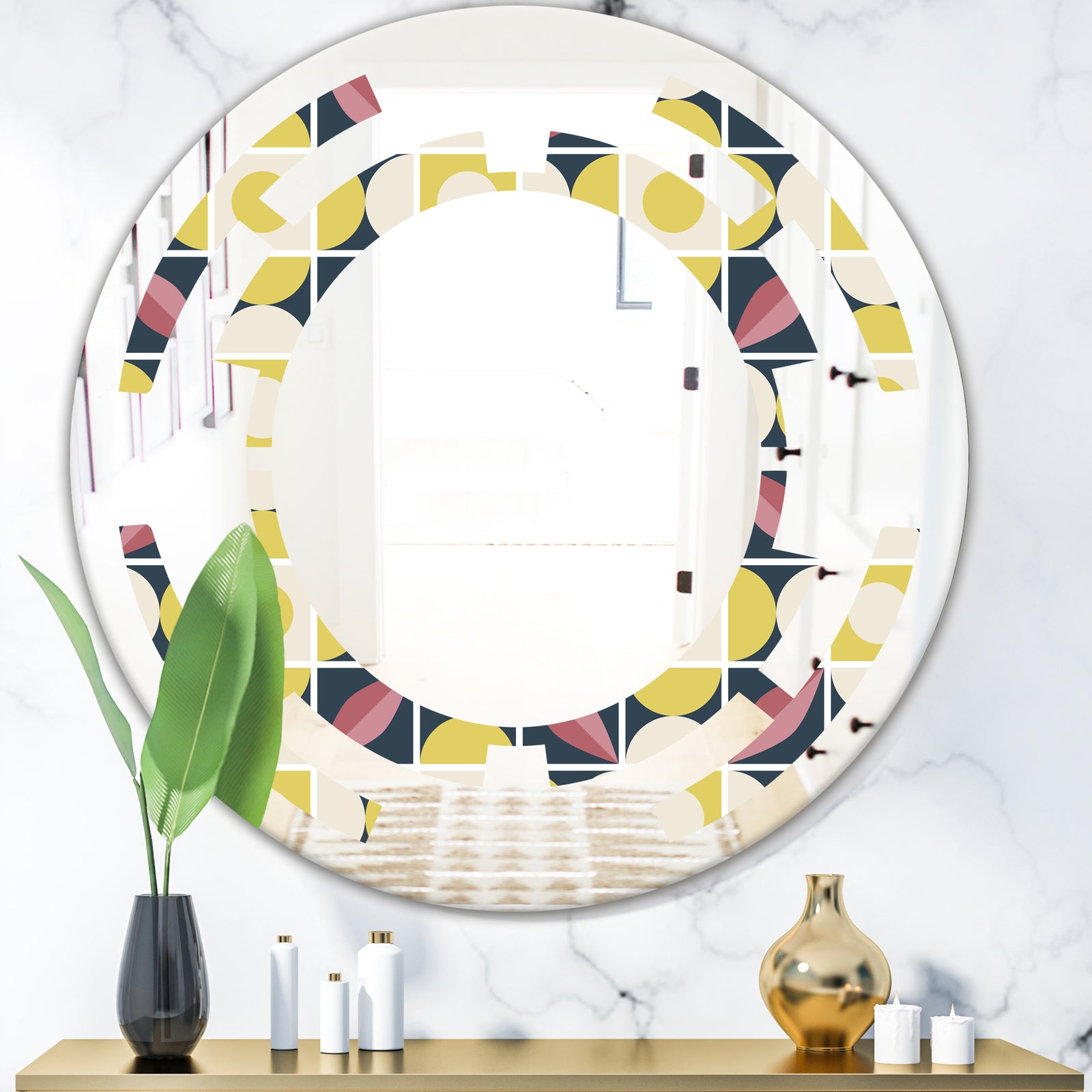 retro pattern in mosaic style - Modern Round or Oval Wall Mirror - Space