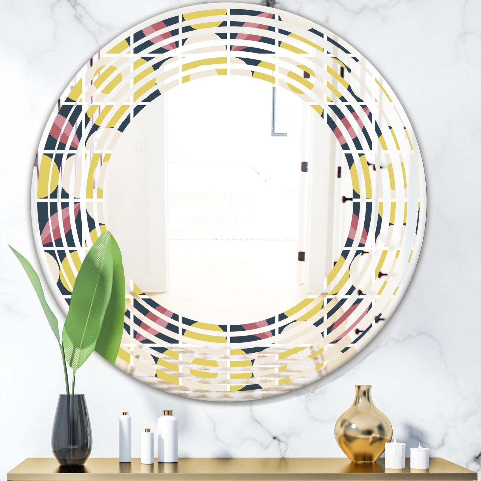 retro pattern in mosaic style - Modern Round or Oval Wall Mirror - Wave