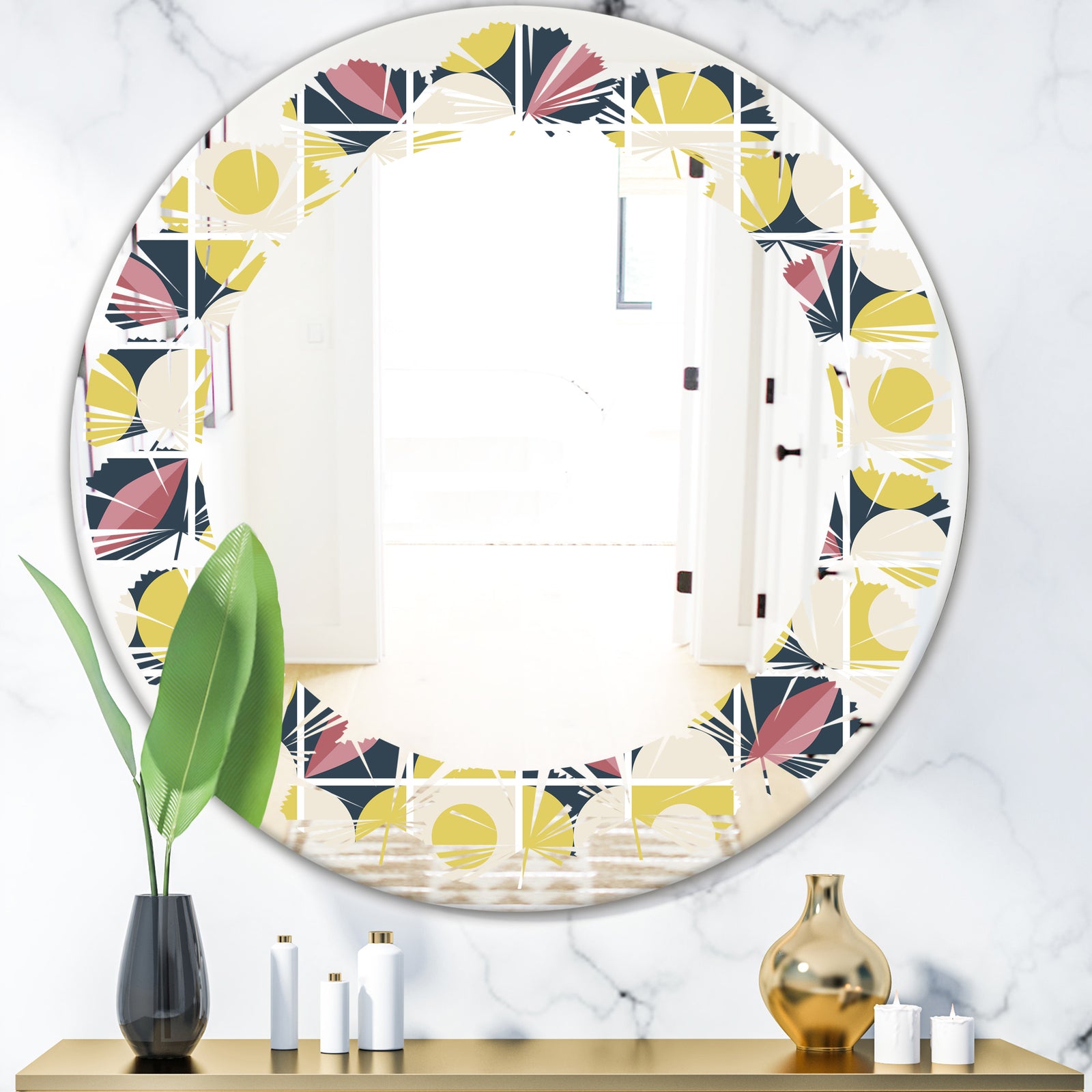 retro pattern in mosaic style - Modern Round or Oval Wall Mirror - Leaves