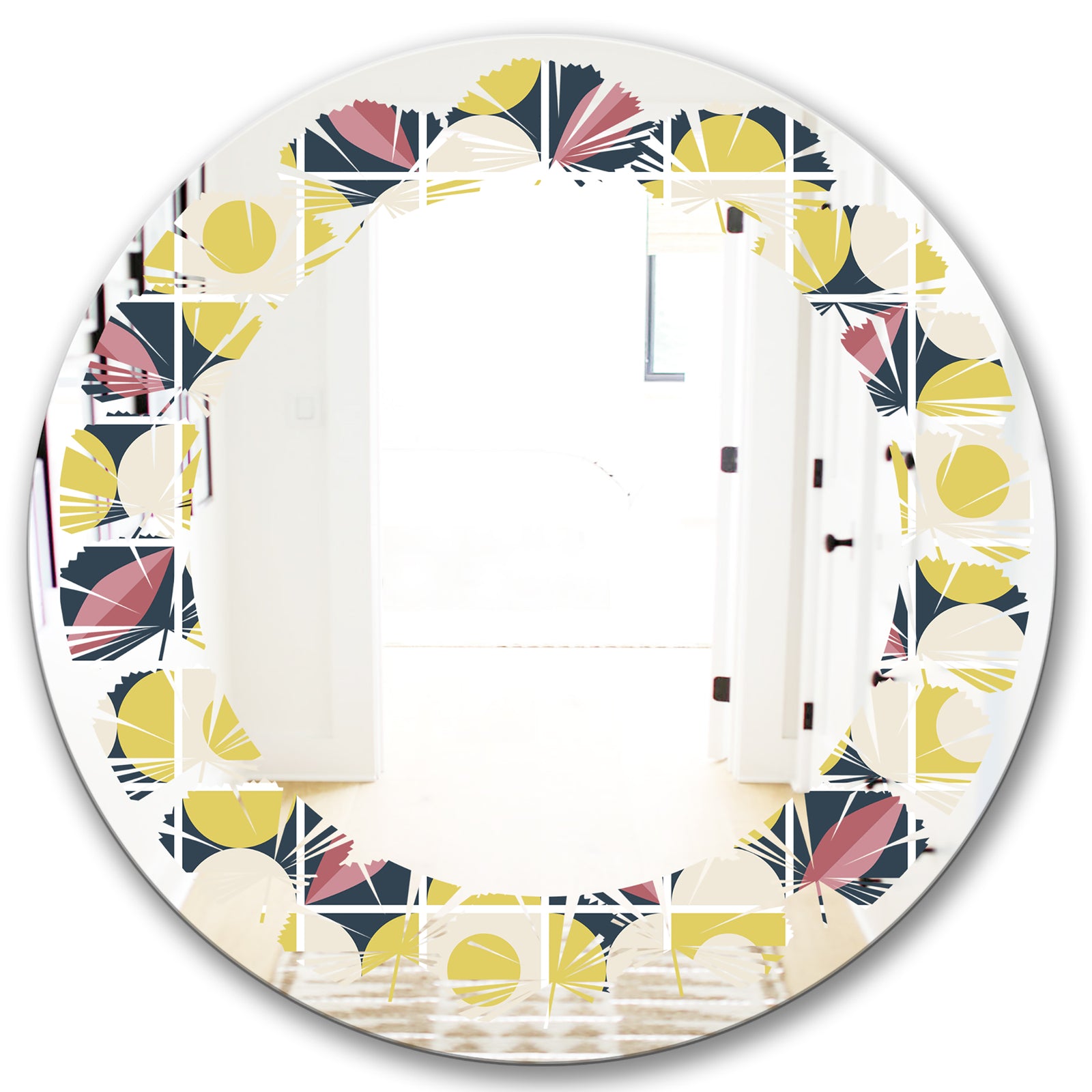 retro pattern in mosaic style - Modern Round or Oval Wall Mirror - Leaves