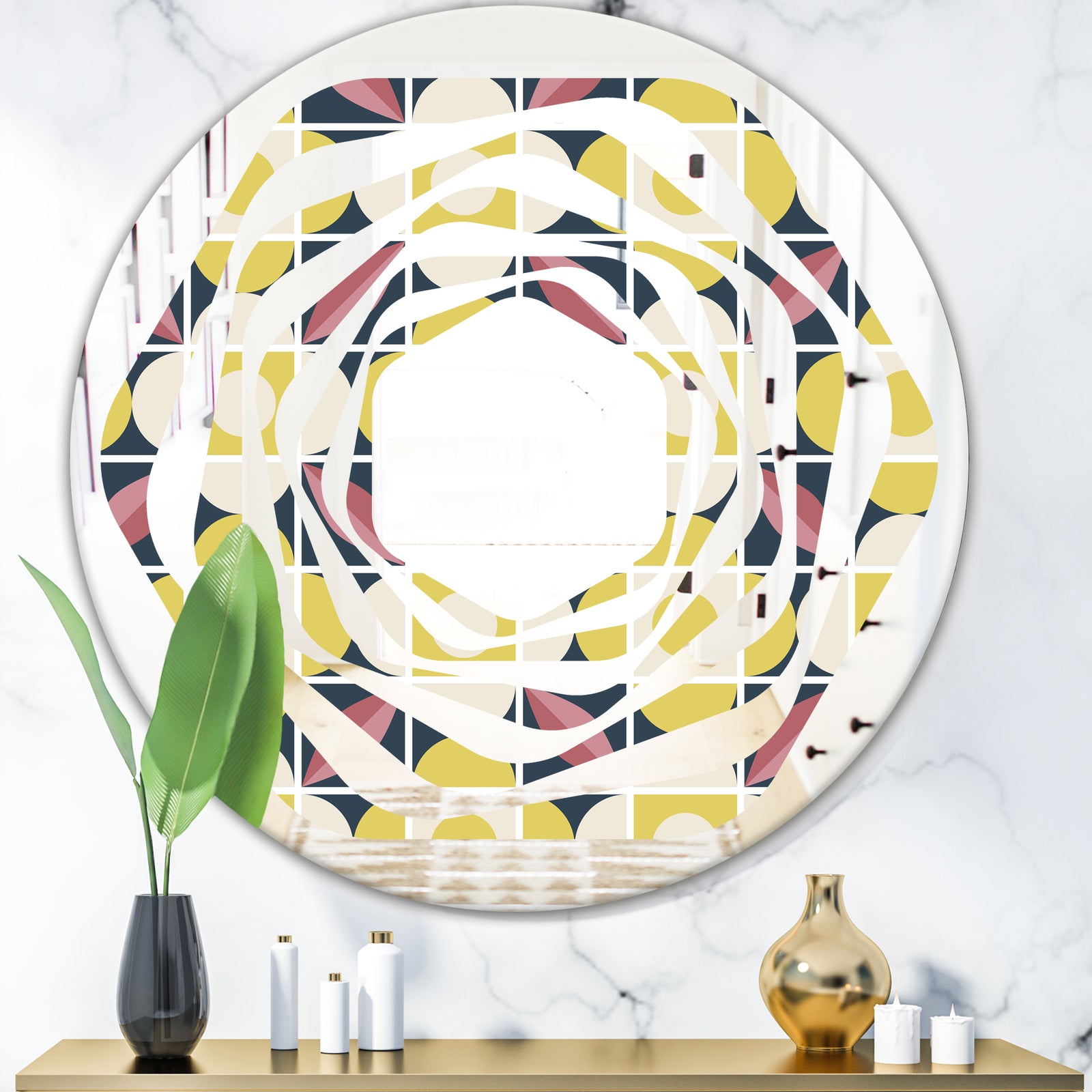 retro pattern in mosaic style - Modern Round or Oval Wall Mirror - Whirl