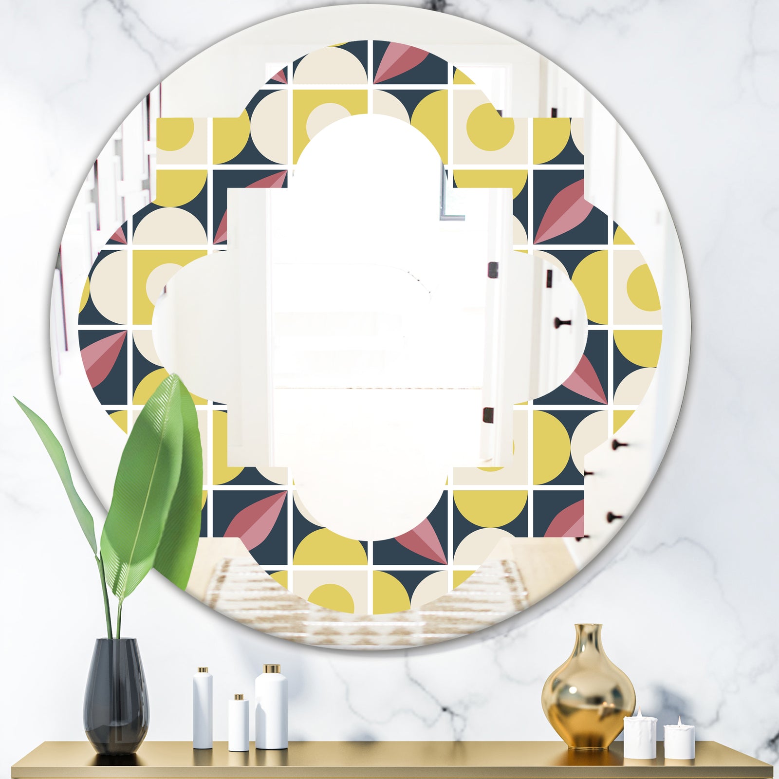 retro pattern in mosaic style - Modern Round or Oval Wall Mirror - Quatrefoil