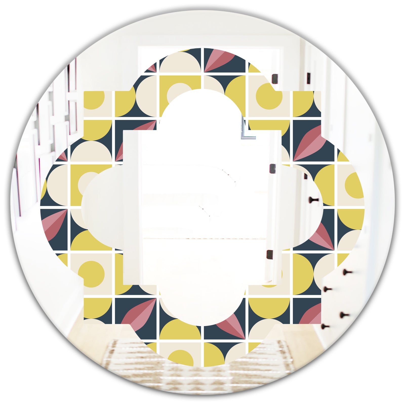 retro pattern in mosaic style - Modern Round or Oval Wall Mirror - Quatrefoil